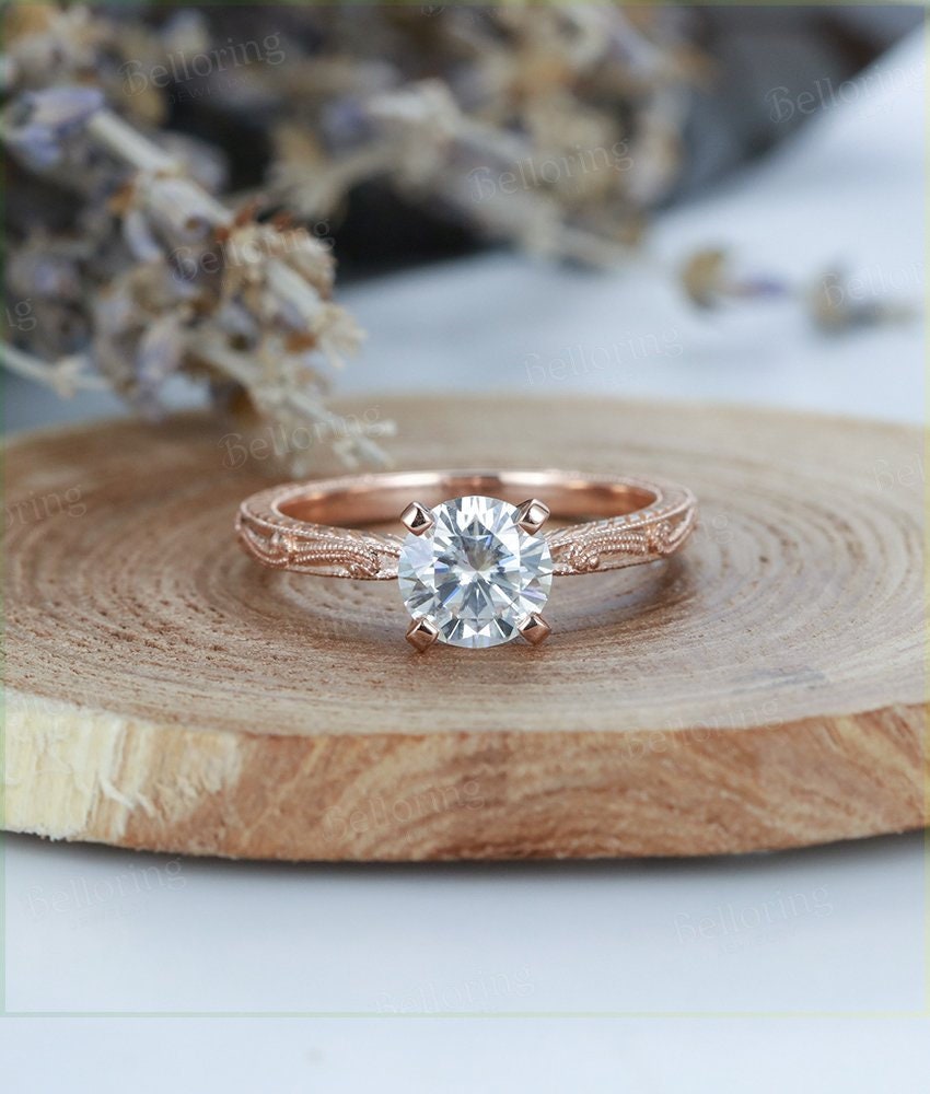 Moissanite engagement ring Vintage  Solitaire set white gold round cut Art deco Unique wedding Jewelry promise Anniversary wedding ring