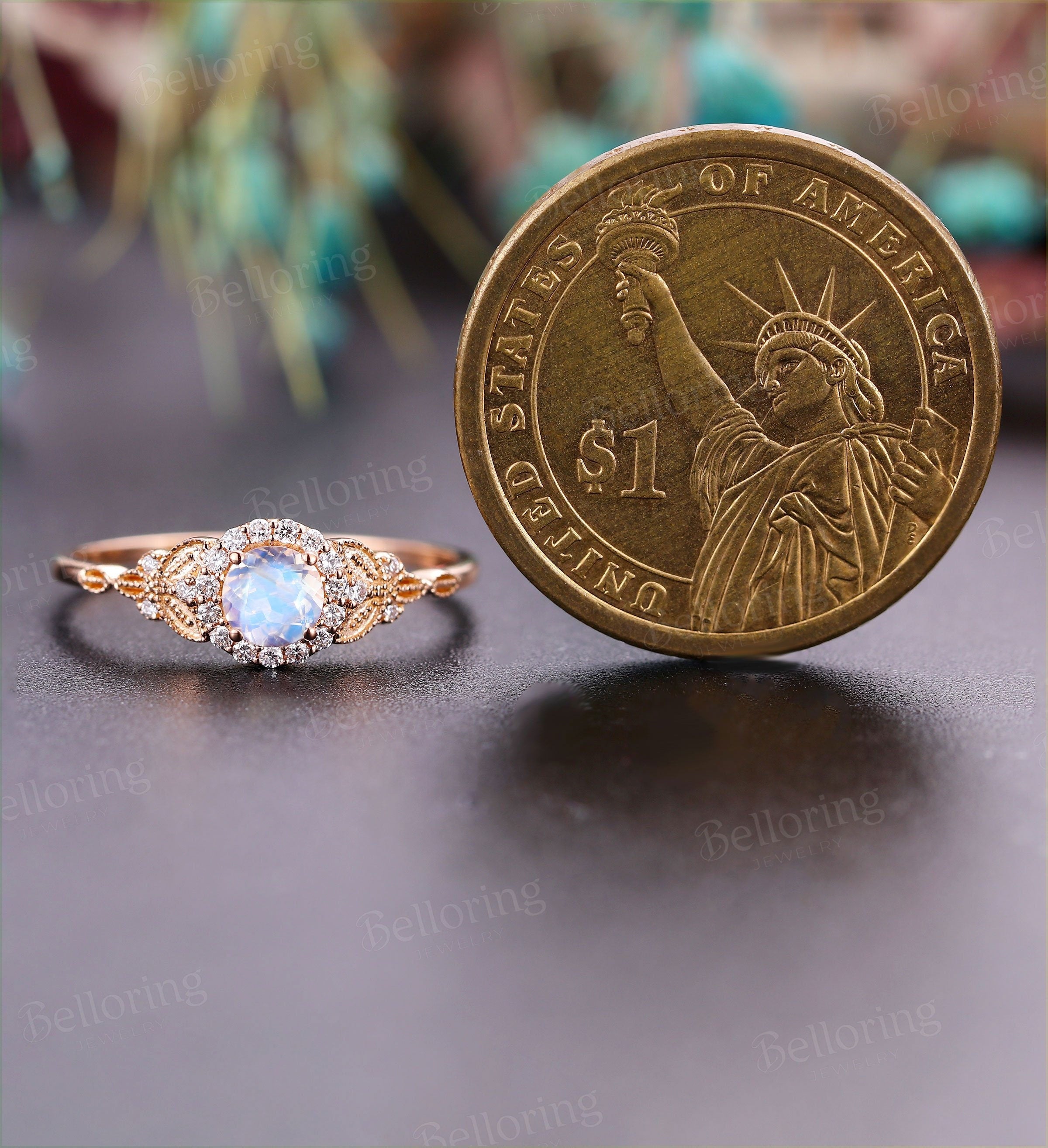 Moonstone Engagement Ring  rose Gold vintage round cut Milgrain Art Deco diamond wedding ring   Promise Anniversary wedding ring