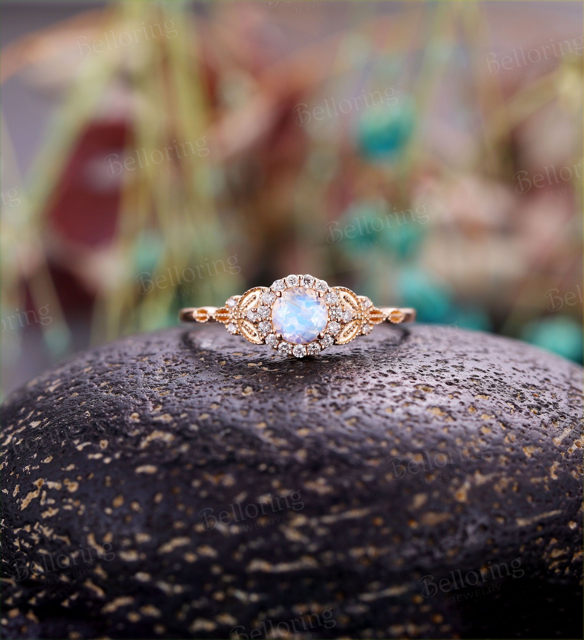 Moonstone Engagement Ring  rose Gold vintage round cut Milgrain Art Deco diamond wedding ring   Promise Anniversary wedding ring