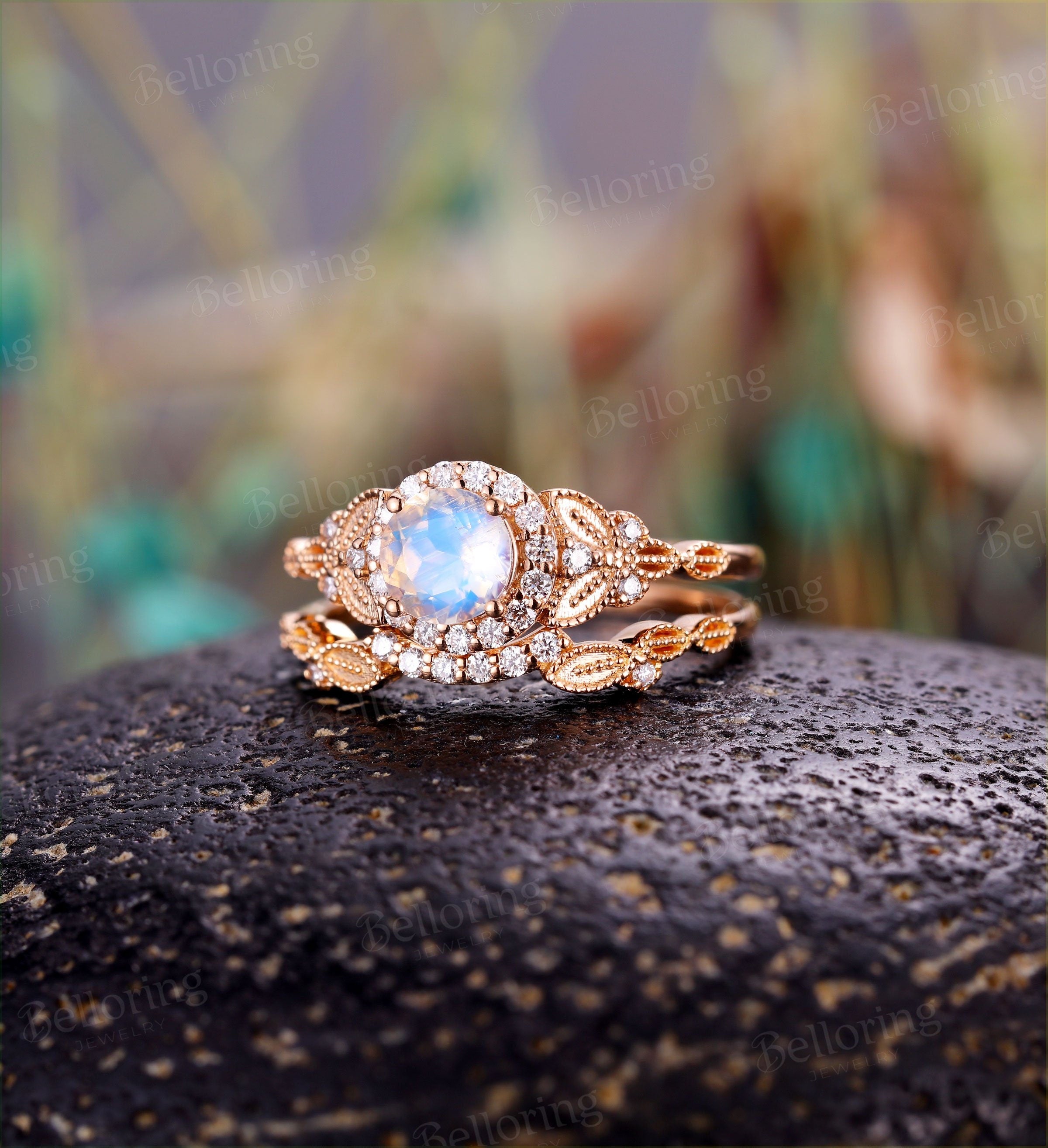 Art deco Moonstone Engagement Ring  rose Gold vintage round cut Milgrain diamond wedding ring  Promise Anniversary wedding ring