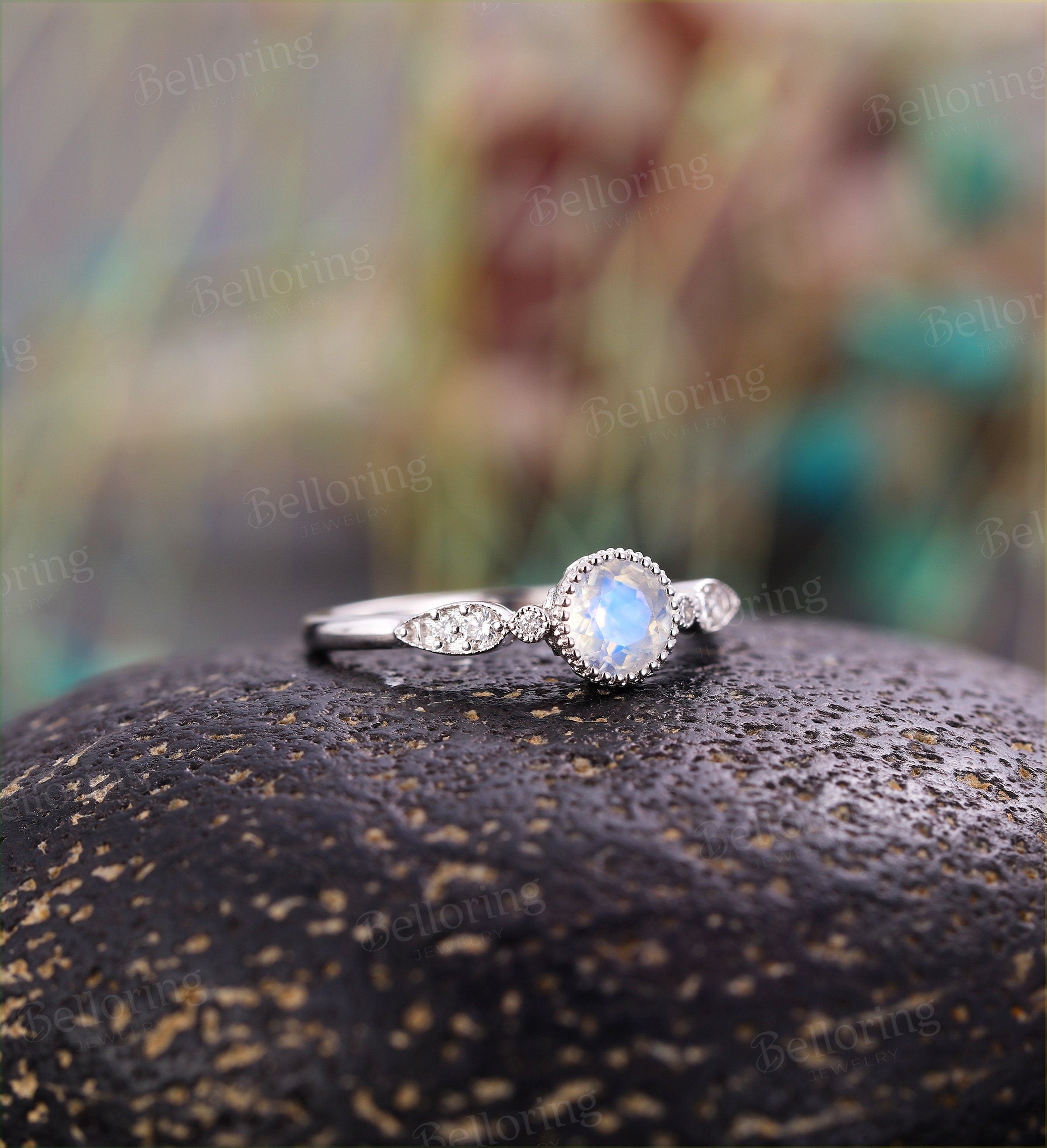 Moonstone Engagement Ring  white Gold vintage unique Art Deco Antique diamond wedding   Promise Anniversary wedding ring