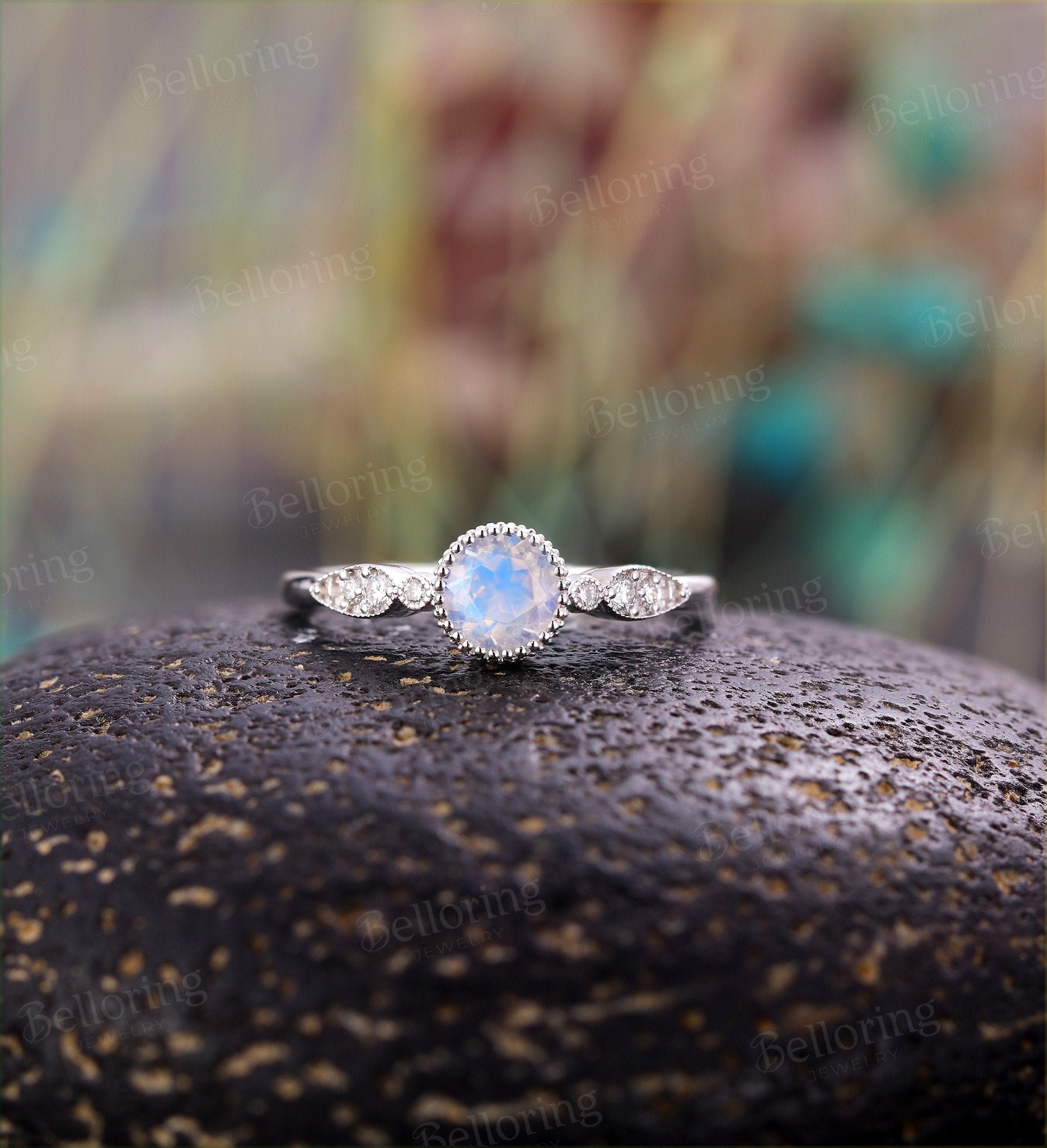 Moonstone Engagement Ring  white Gold vintage unique Art Deco Antique diamond wedding   Promise Anniversary wedding ring