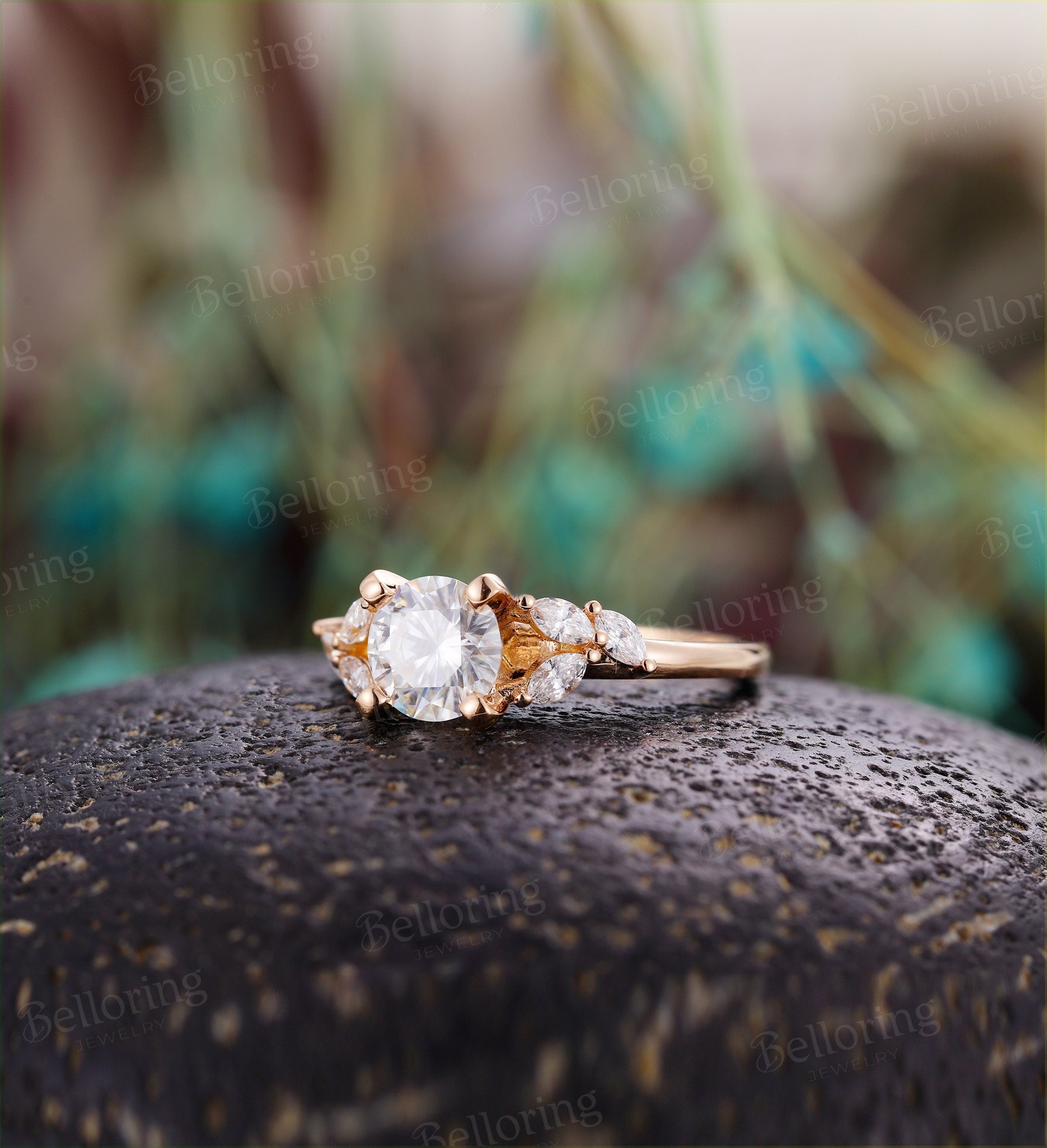 Moissanite engagement ring 14k rose gold marquise cut moissanite prong set  vintage unique Jewelry promise Anniversary wedding ring