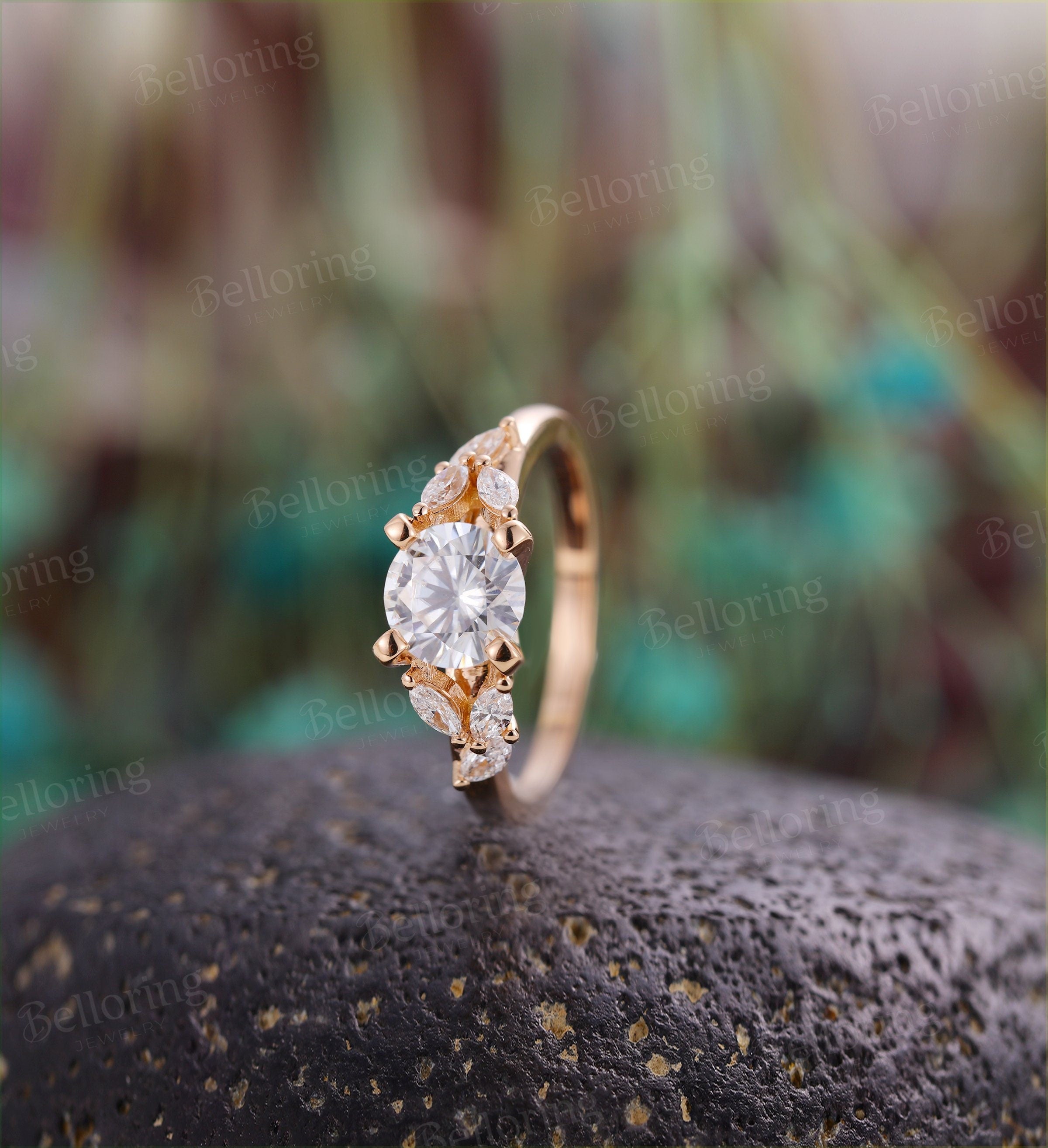 Moissanite engagement ring 14k rose gold marquise cut moissanite prong set  vintage unique Jewelry promise Anniversary wedding ring