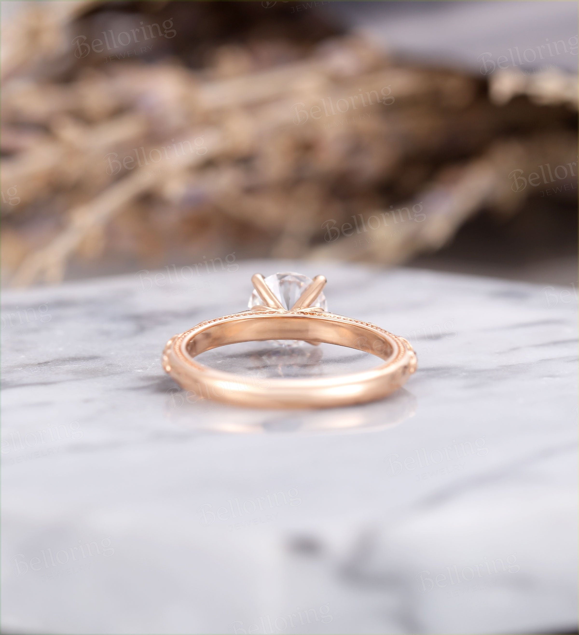 Moissanite engagement ring vintage rose gold Antique Delicate diamond prong set Wedding  unique Promise Anniversary wedding ring