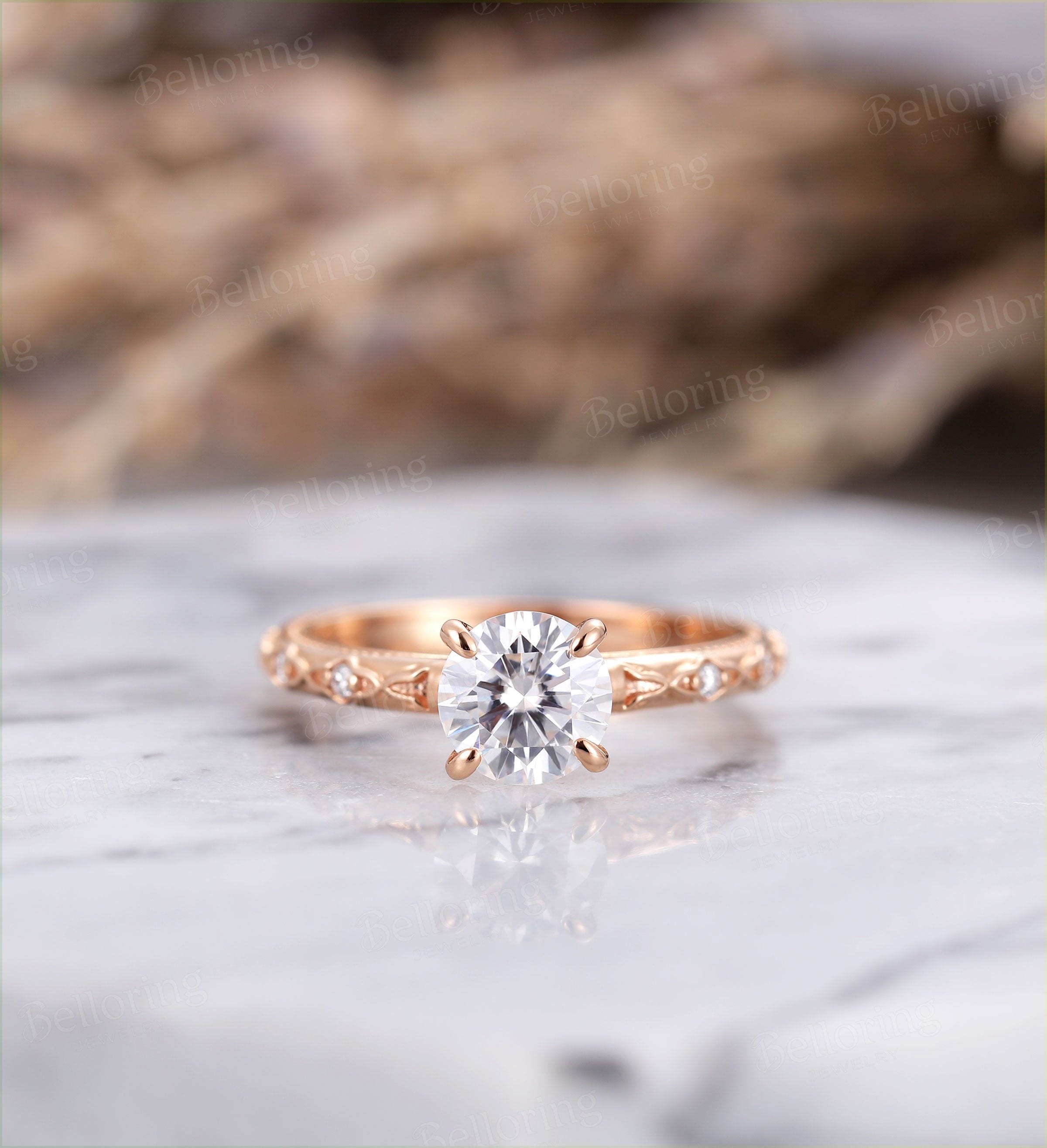 Moissanite engagement ring vintage rose gold Antique Delicate diamond prong set Wedding  unique Promise Anniversary wedding ring