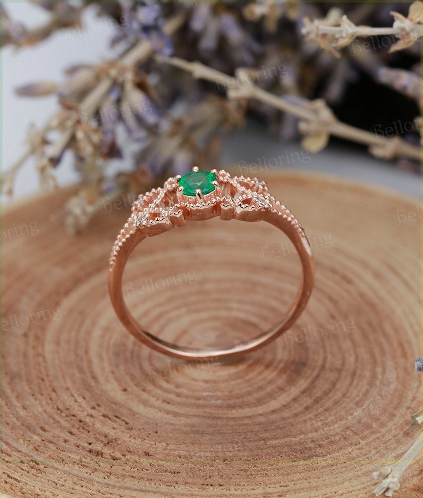 Emerald Engagement Ring  rose Gold wedding vintage round cut Art Deco unique diamond ring  Promise Anniversary wedding ring