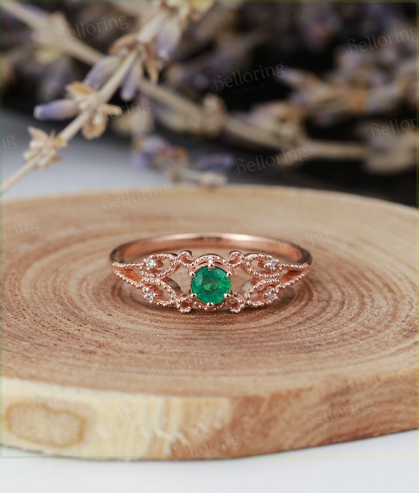 Emerald Engagement Ring  rose Gold wedding vintage round cut Art Deco unique diamond ring  Promise Anniversary wedding ring