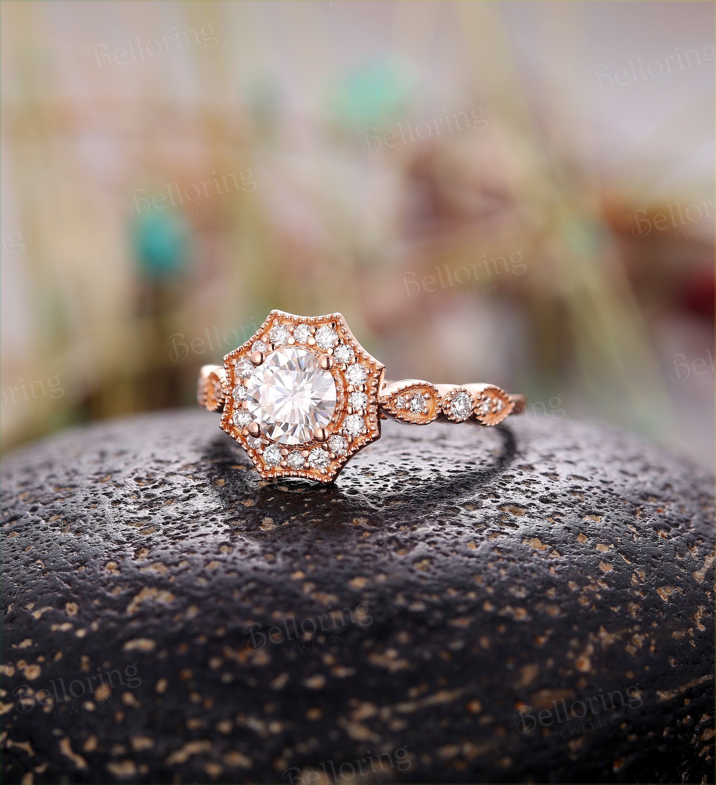 Moissanite engagement ring Vintage  round cut halo diamond Art deco rose gold  Unique wedding Jewelry promise Anniversary wedding ring