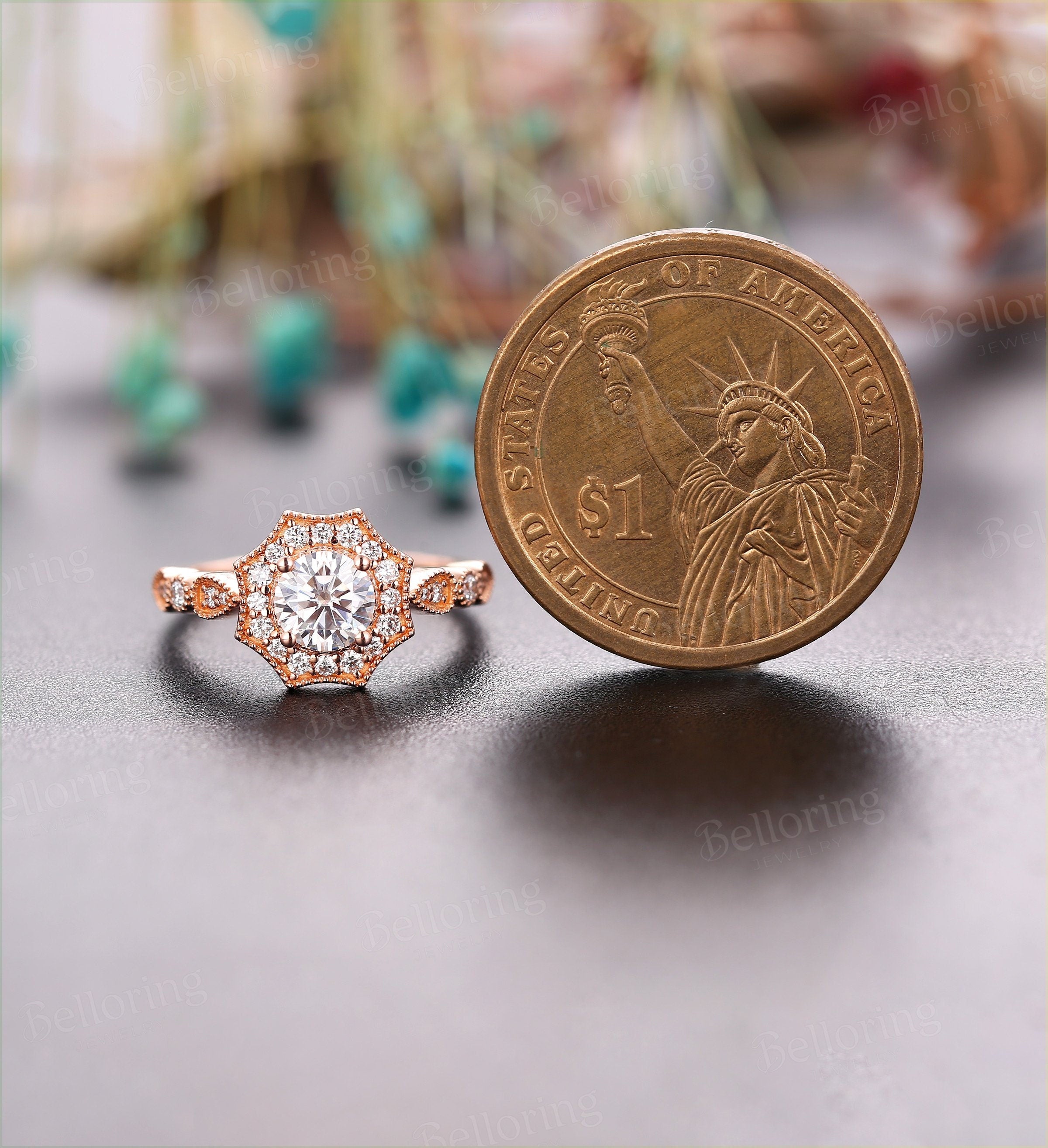 Moissanite engagement ring Vintage  round cut halo diamond Art deco rose gold  Unique wedding Jewelry promise Anniversary wedding ring