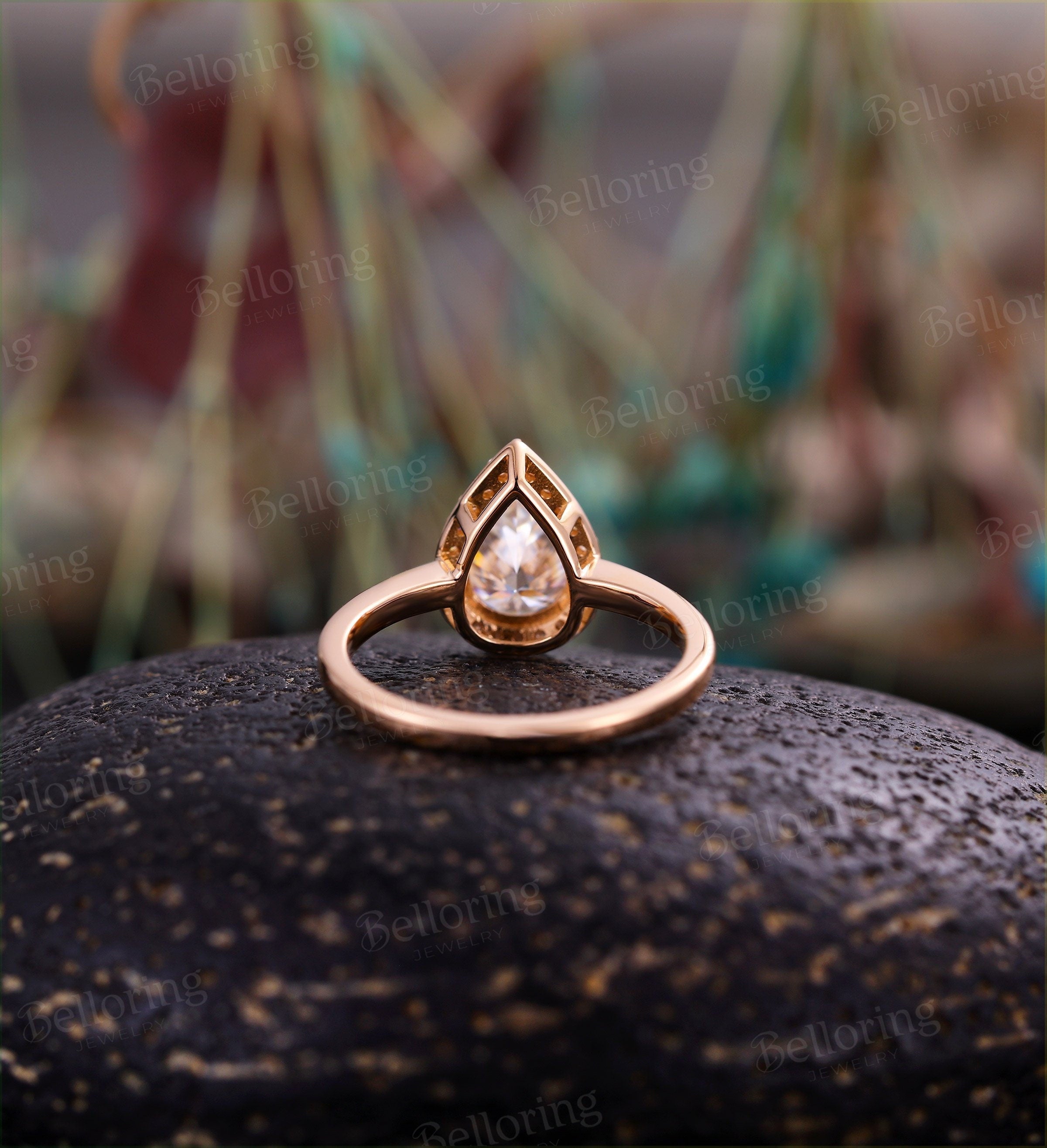 Moissanite engagement ring  Rose gold pear cut halo vintage diamond unique Wedding  Jewelry birthstone Anniversary wedding ring