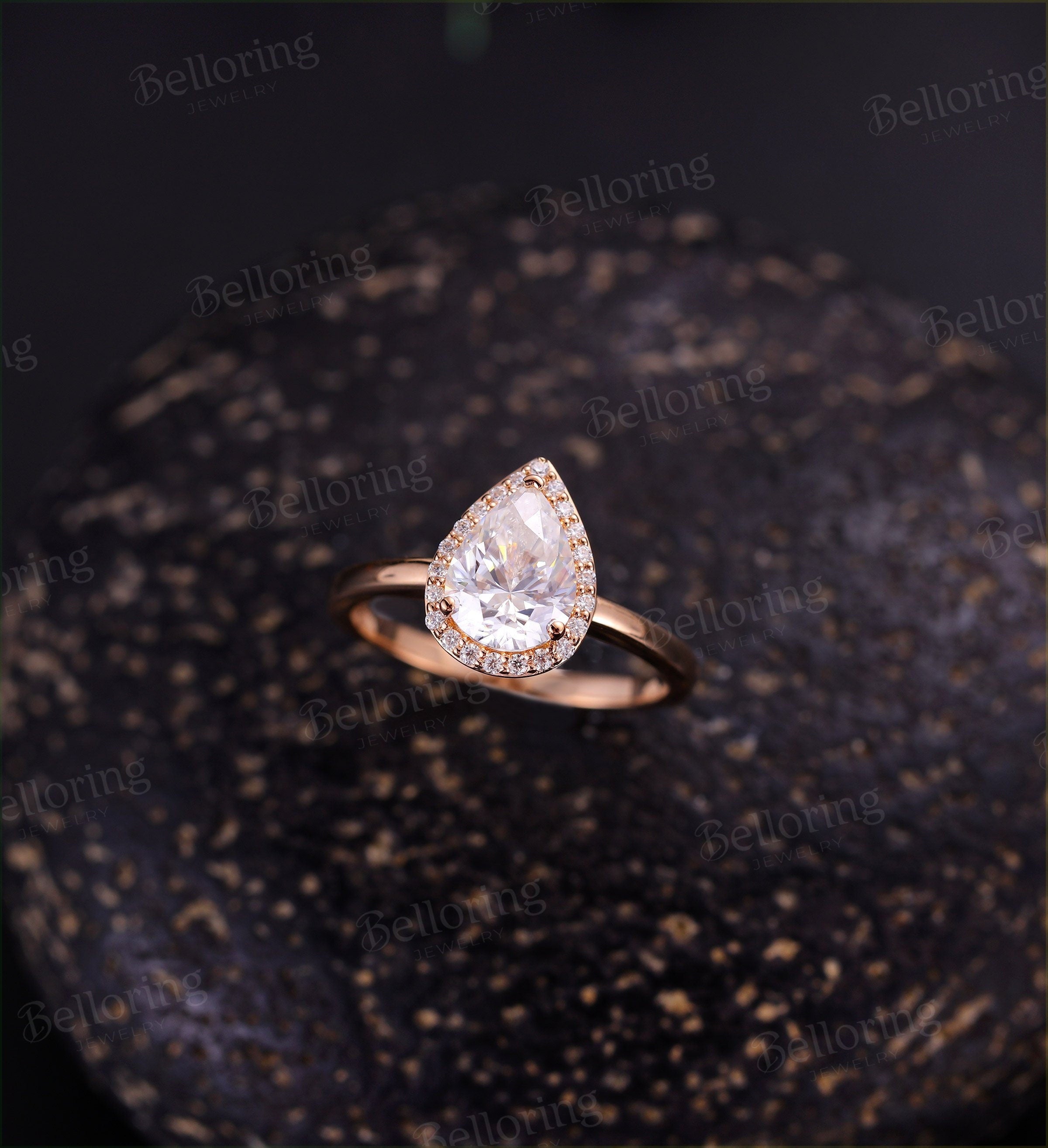 Moissanite engagement ring  Rose gold pear cut halo vintage diamond unique Wedding  Jewelry birthstone Anniversary wedding ring