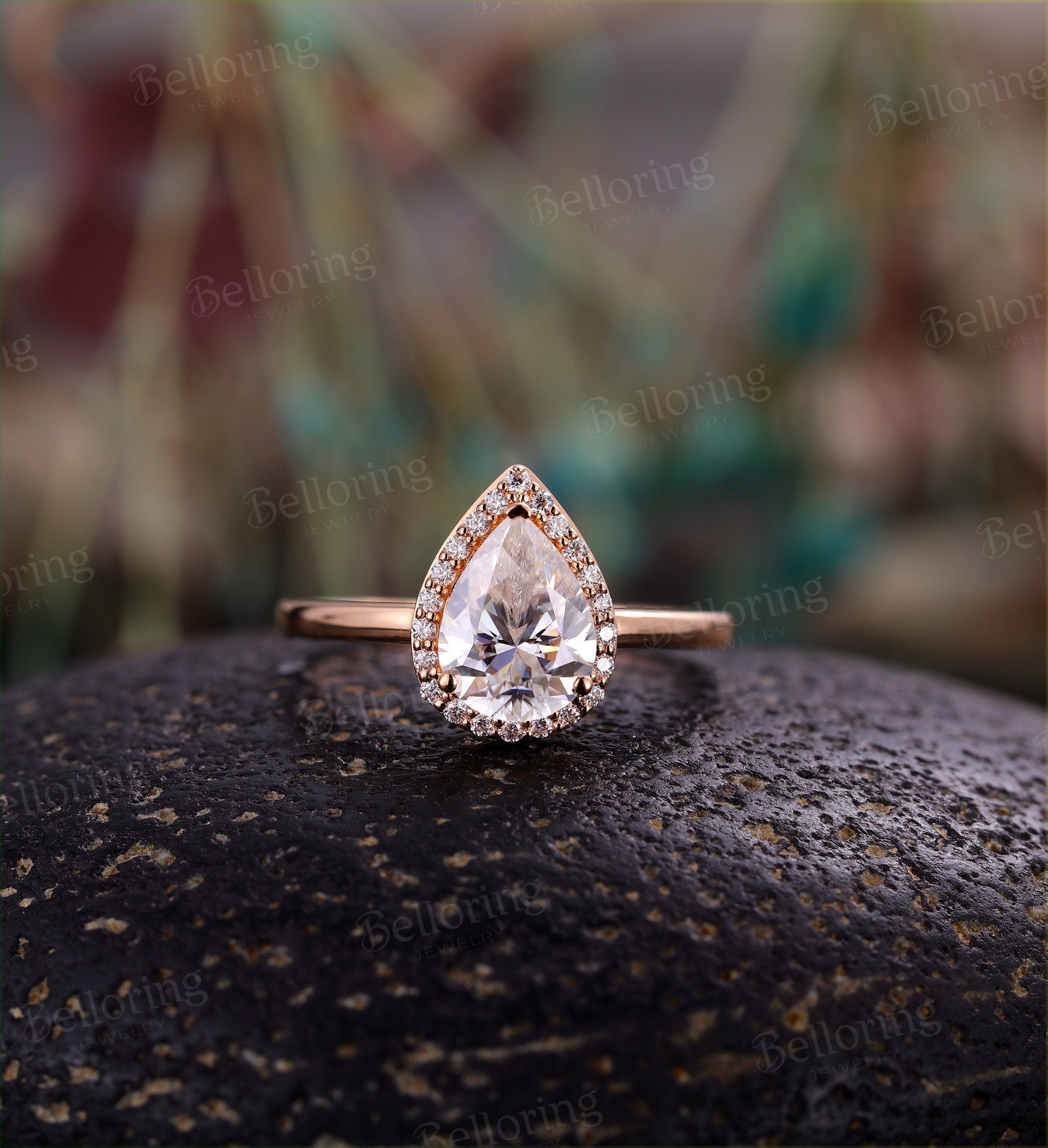 Moissanite engagement ring  Rose gold pear cut halo vintage diamond unique Wedding  Jewelry birthstone Anniversary wedding ring