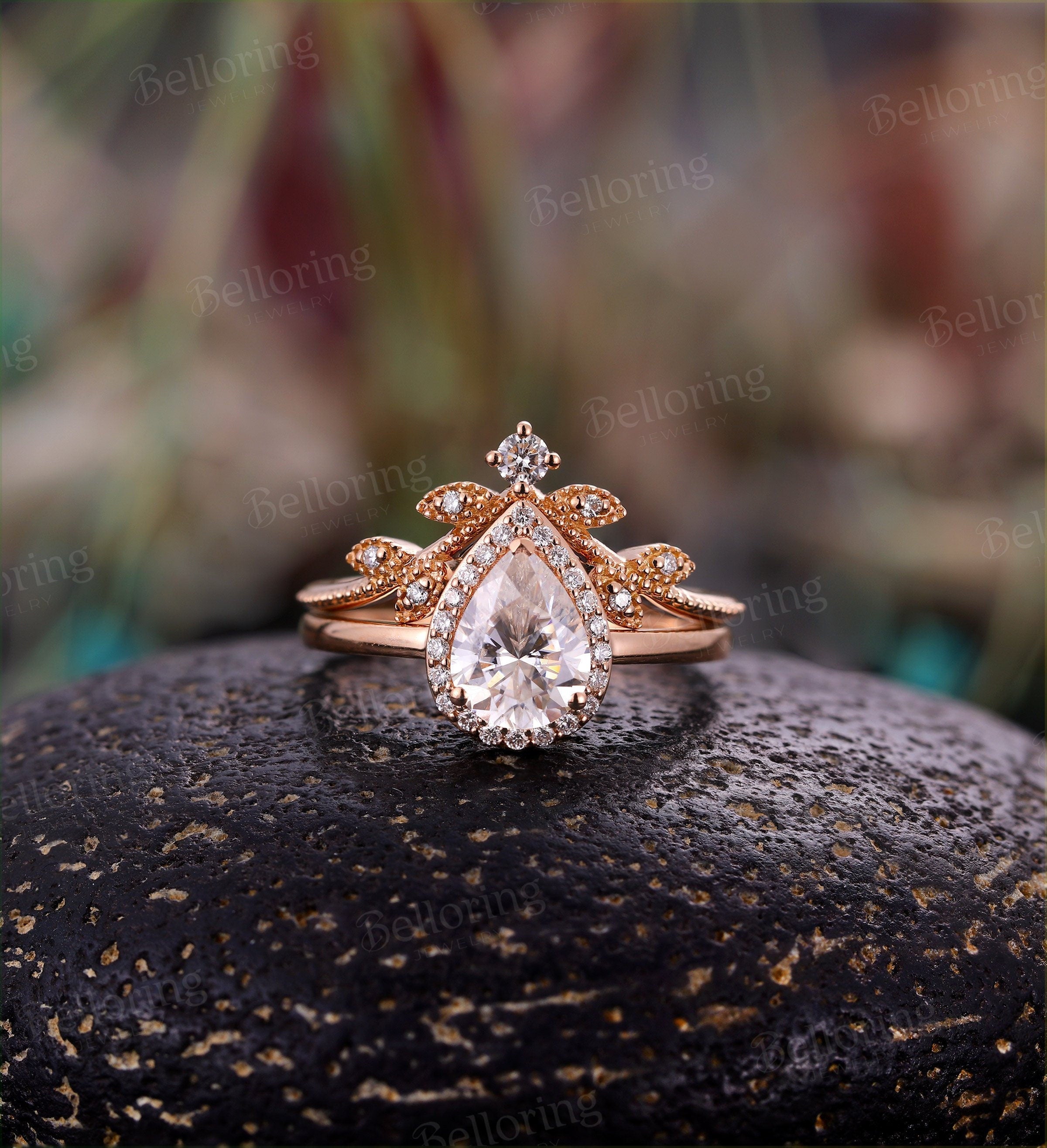 Moissanite engagement ring set  Rose gold pear cut vintage halo unique leaf Wedding band  Jewelry Anniversary wedding ring