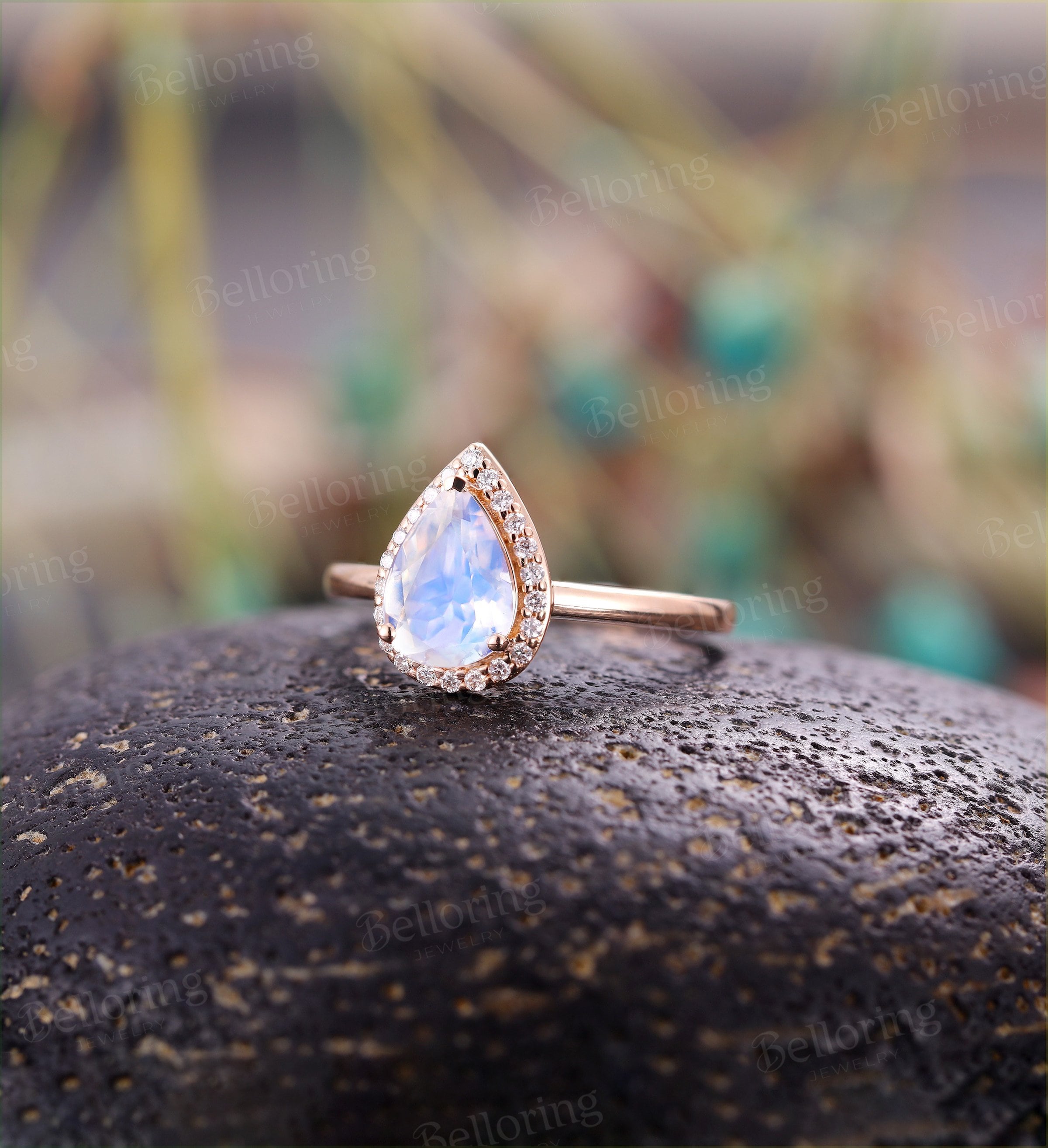 Moonstone engagement ring  Rose gold pear cut vintage diamond unique Wedding  Bridal Jewelry birthstone Anniversary wedding ring