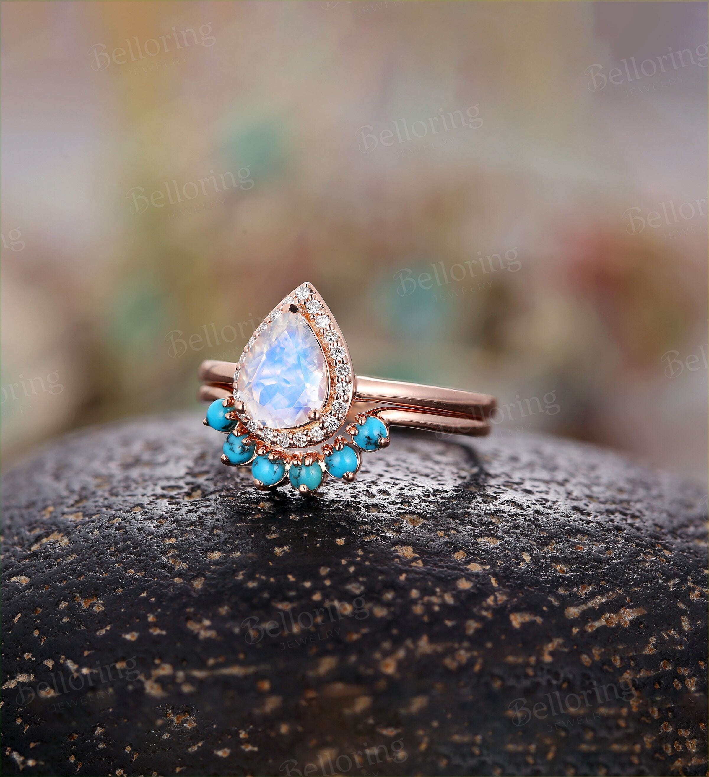 Moonstone engagement ring  pear cut vintage diamond turquoise Wedding Ring set Jewelry birthstone Anniversary wedding ring