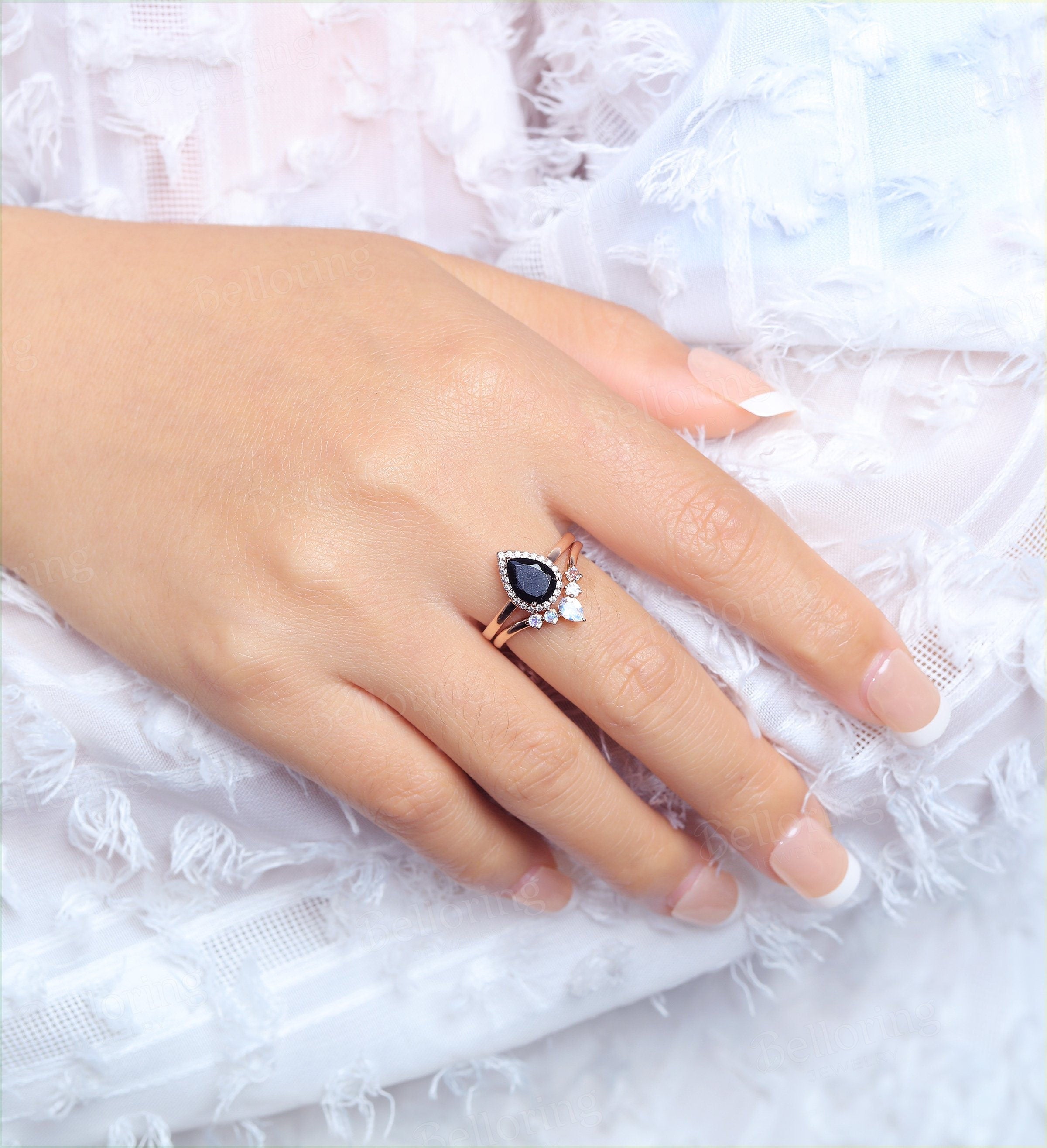 Black Onyx engagement ring  vintage pear shaped halo moissanite unique Wedding Ring set Jewelry art deco Anniversary wedding ring