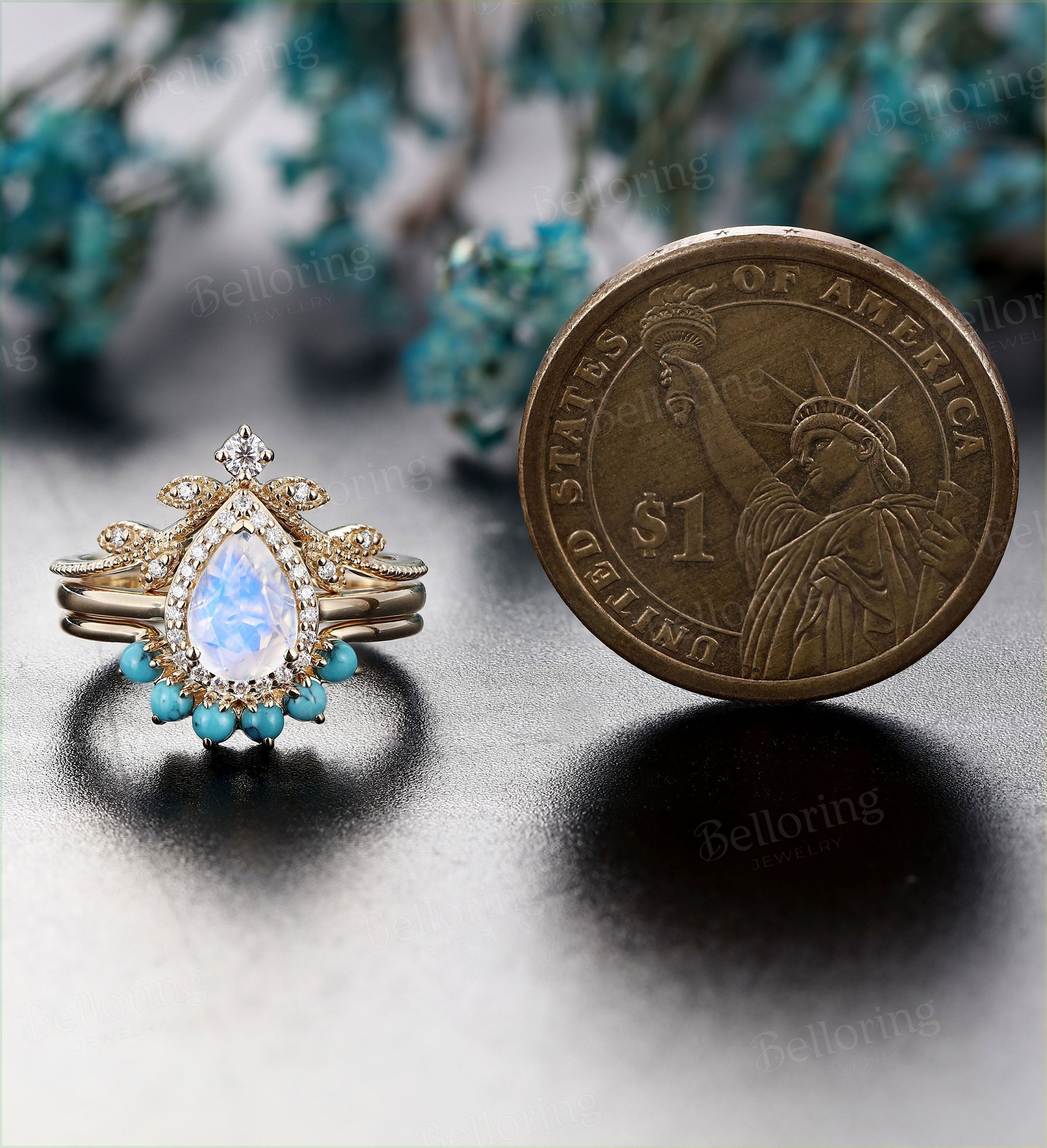 Moonstone engagement ring set  yellow gold pear cut vintage leaf moissanite turquoise Wedding Jewelry birthstone Anniversary ring