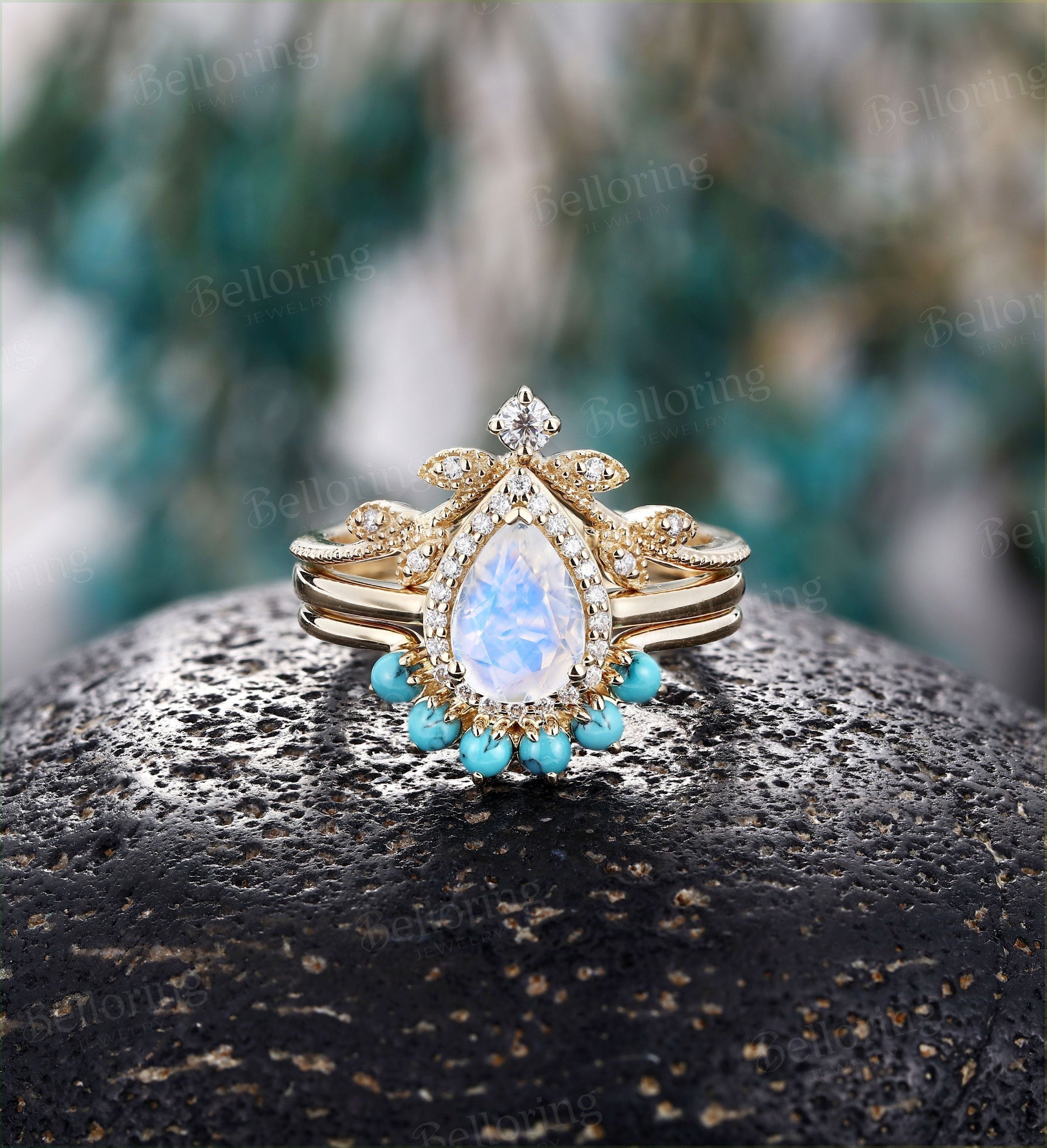 Moonstone engagement ring set  yellow gold pear cut vintage leaf moissanite turquoise Wedding Jewelry birthstone Anniversary ring