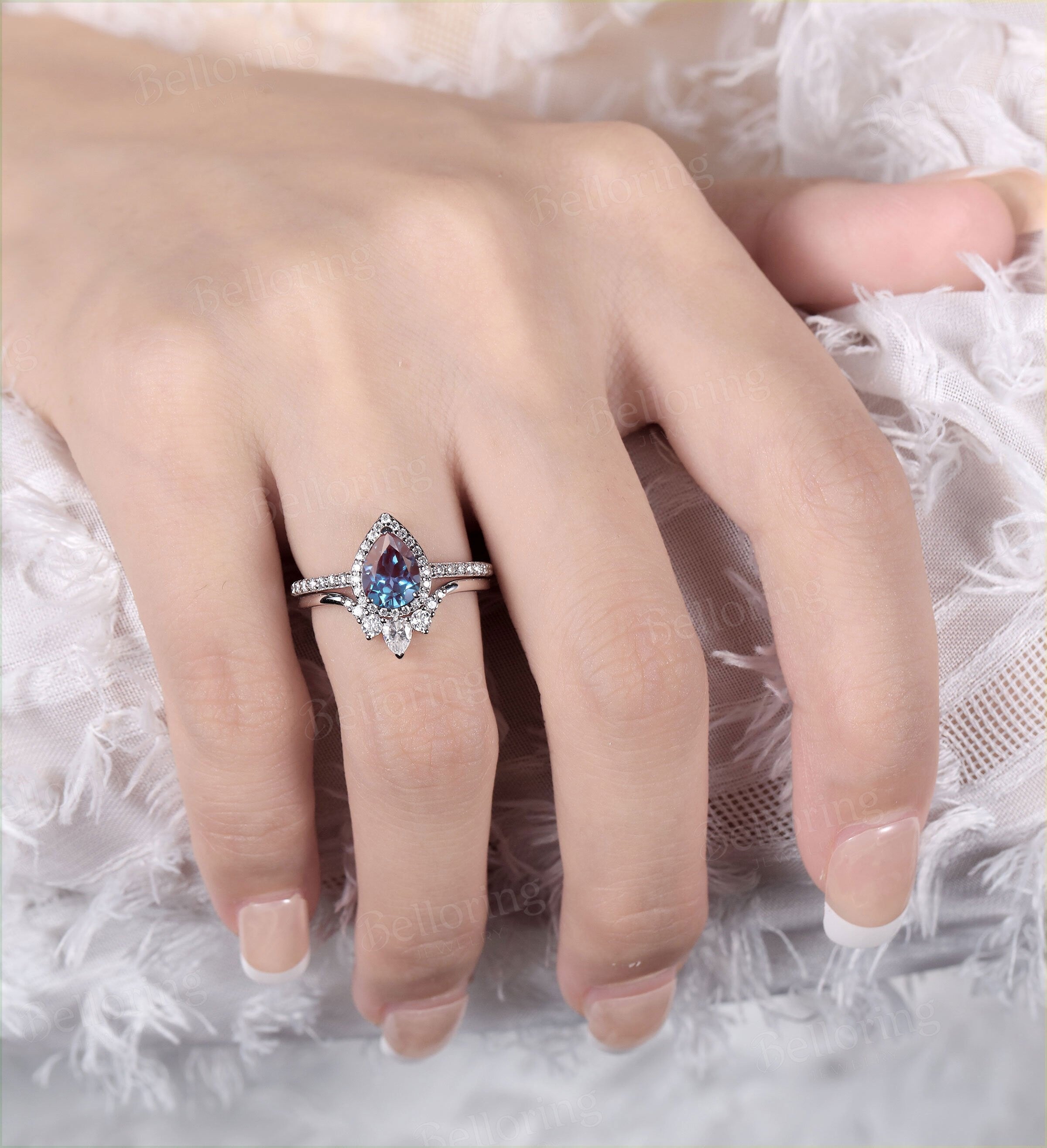 Alexandrite engagement ring  vintage pear shaped unique moissanite stacking Wedding Ring set art deco Anniversary white gold ring