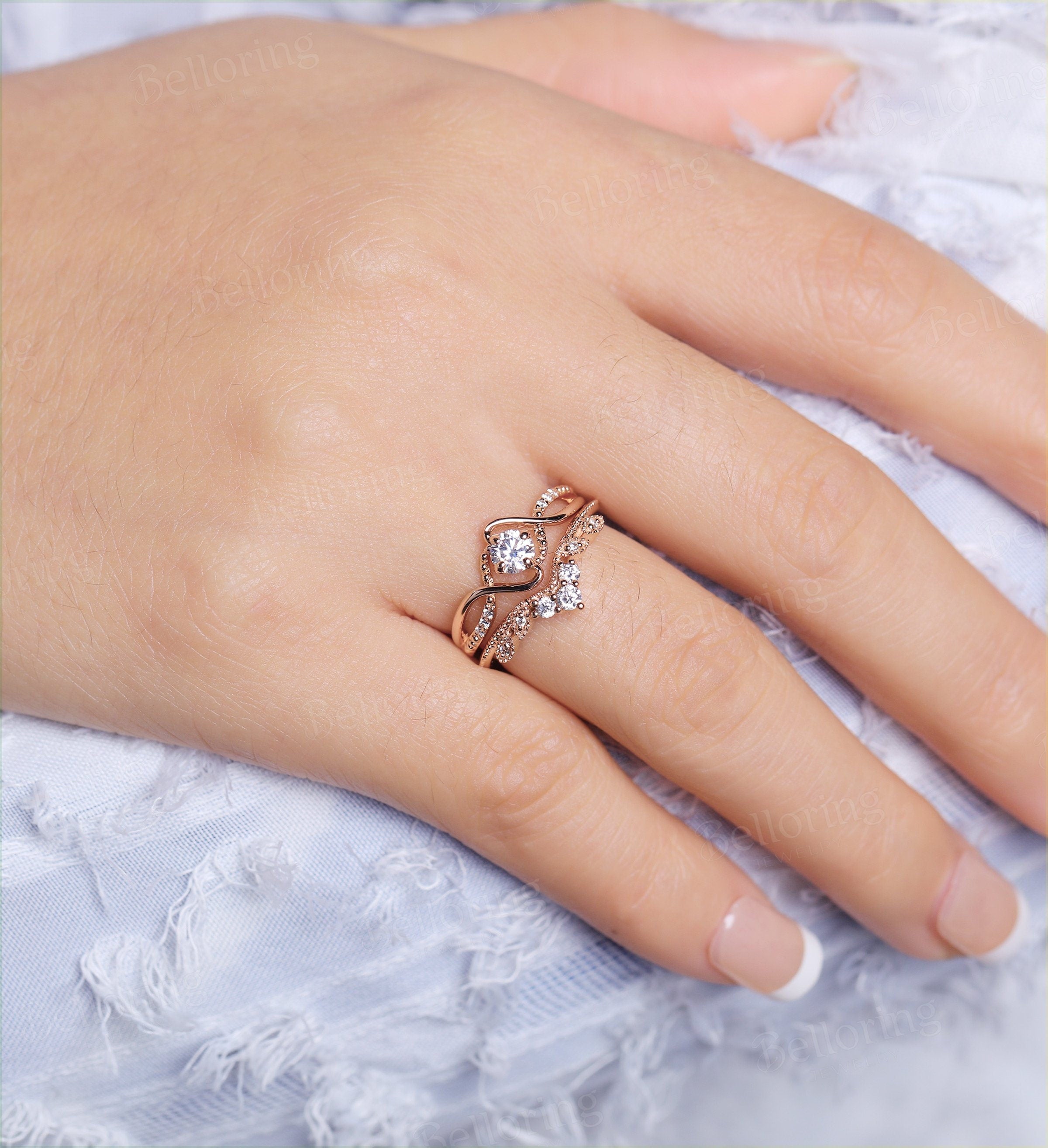 Art deco Moissanite engagement ring set Vintage antique diamond rose gold Unique wedding  stacking rings promise ring Anniversary gift