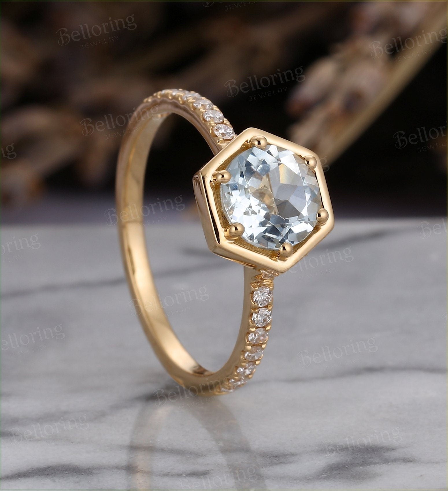 Aquamarine Engagement Ring  Gold vintage hexagon cut Art Deco diamond wedding ring  Promise Anniversary wedding ring