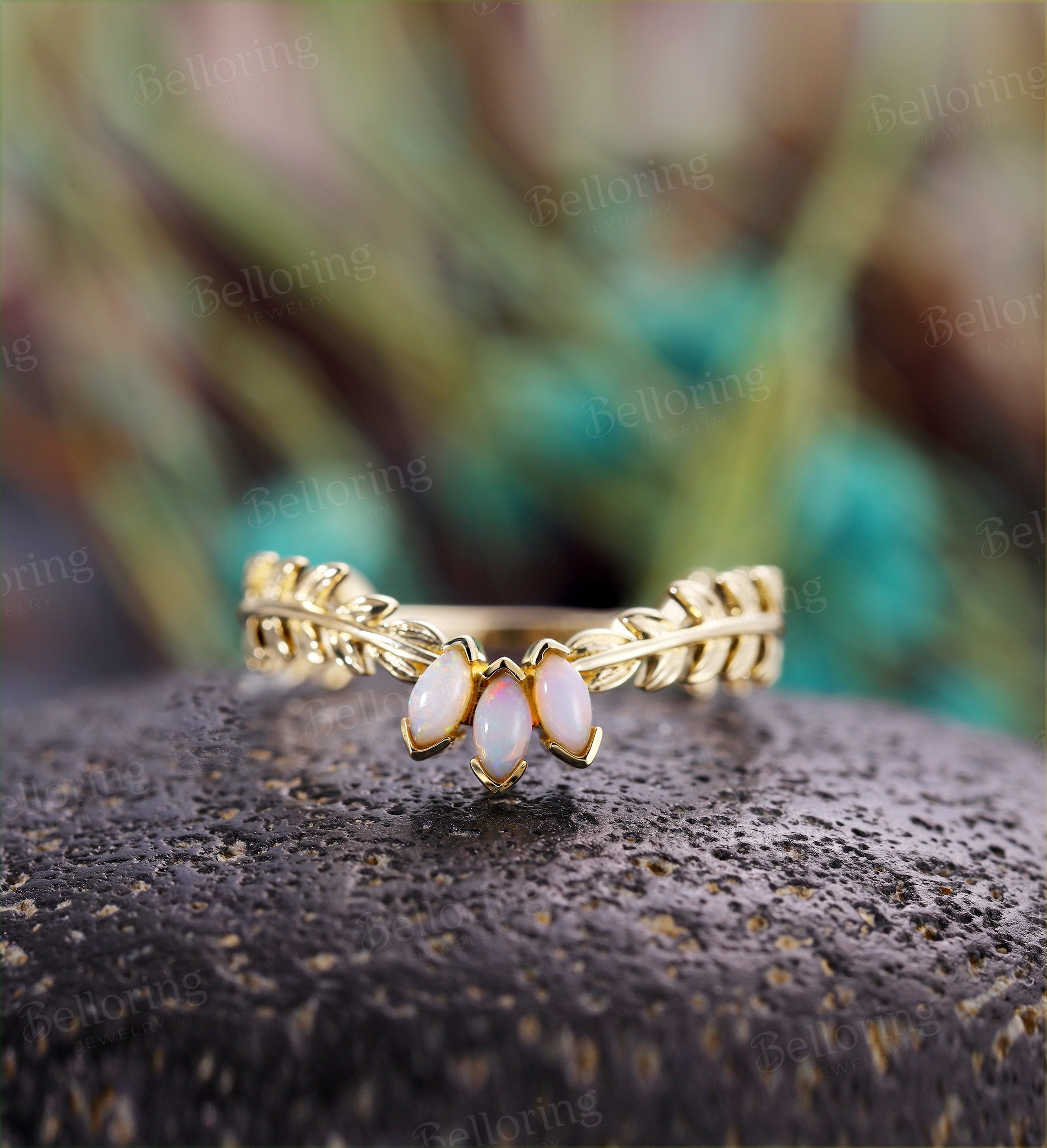 Marquise Opal wedding band yellow gold Art deco marquise cut opal leaf band vintage birthstone Anniversary wedding ring stacking ring