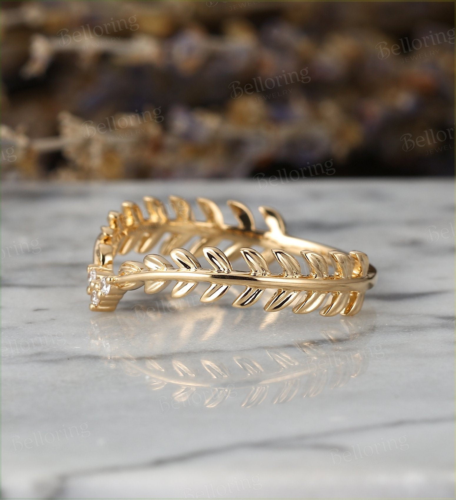 Diamond curved wedding band Vintage yellow Gold wedding ring unique Art Deco Antique stacking leaf ring Promise Anniversary wedding ring