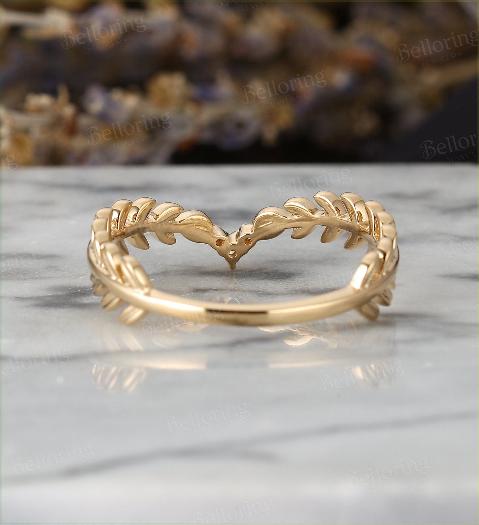 Diamond curved wedding band Vintage yellow Gold wedding ring unique Art Deco Antique stacking leaf ring Promise Anniversary wedding ring