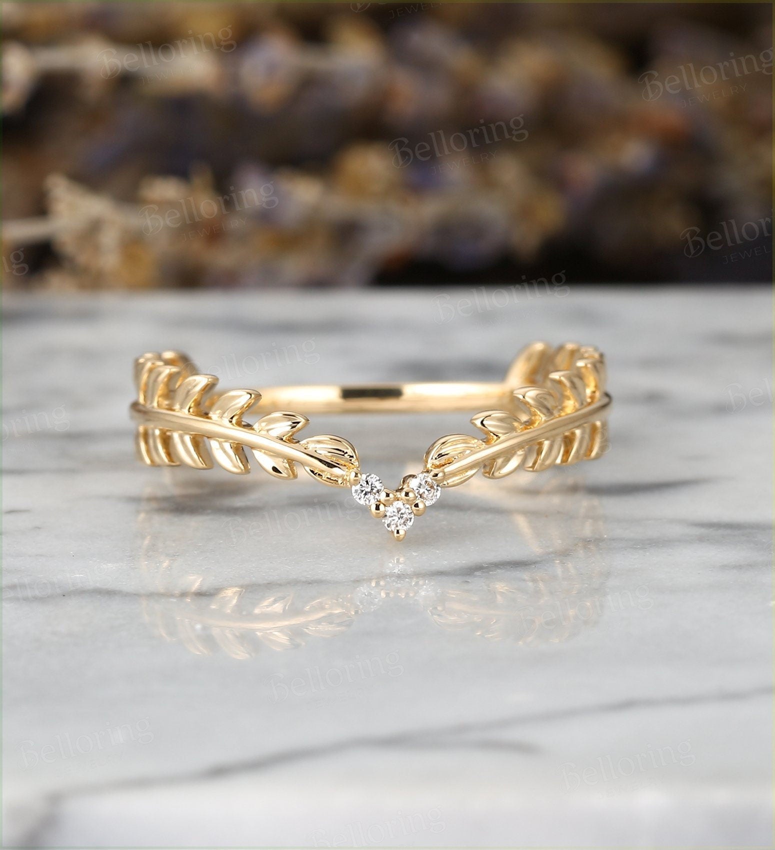 Diamond curved wedding band Vintage yellow Gold wedding ring unique Art Deco Antique stacking leaf ring Promise Anniversary wedding ring