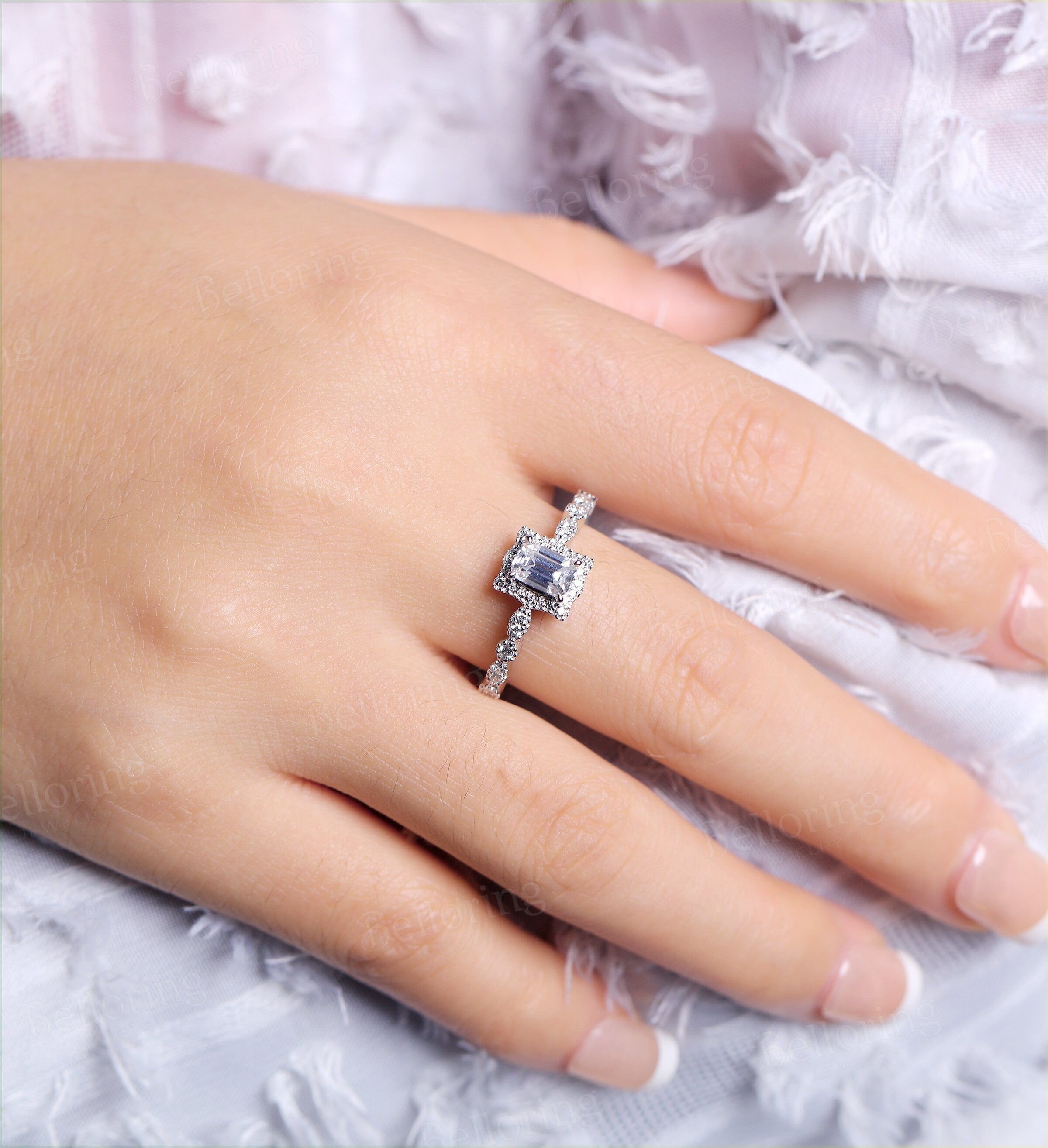 Moissanite emerald cut engagement ring unique white gold half eternity vintage art deco  antique Jewelry Anniversary wedding ring