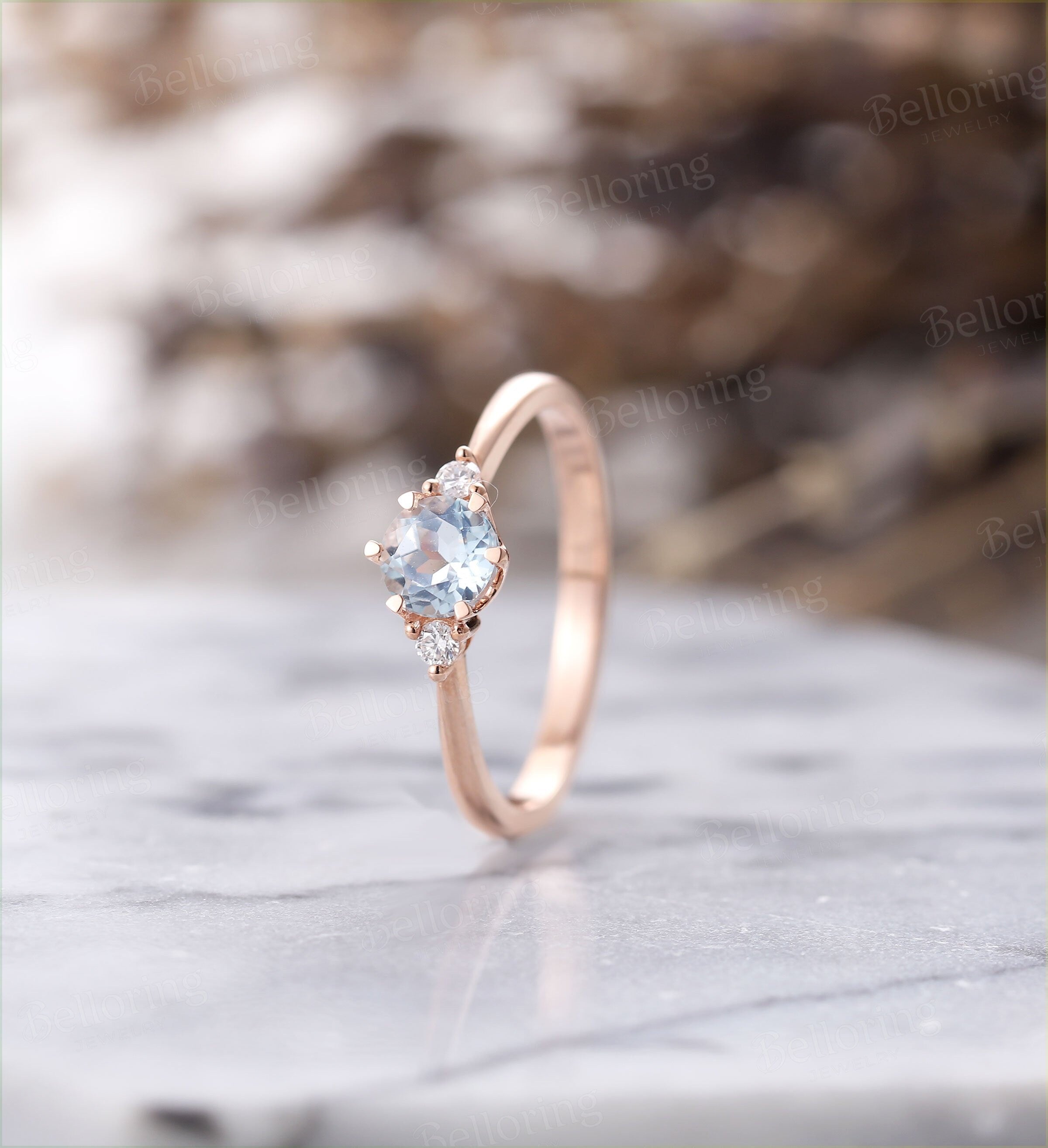 Aquamarine engagement ring Vintage Diamond rose gold Unique  Art deco 3 stone ring Jewelry birthstone Anniversary wedding ring