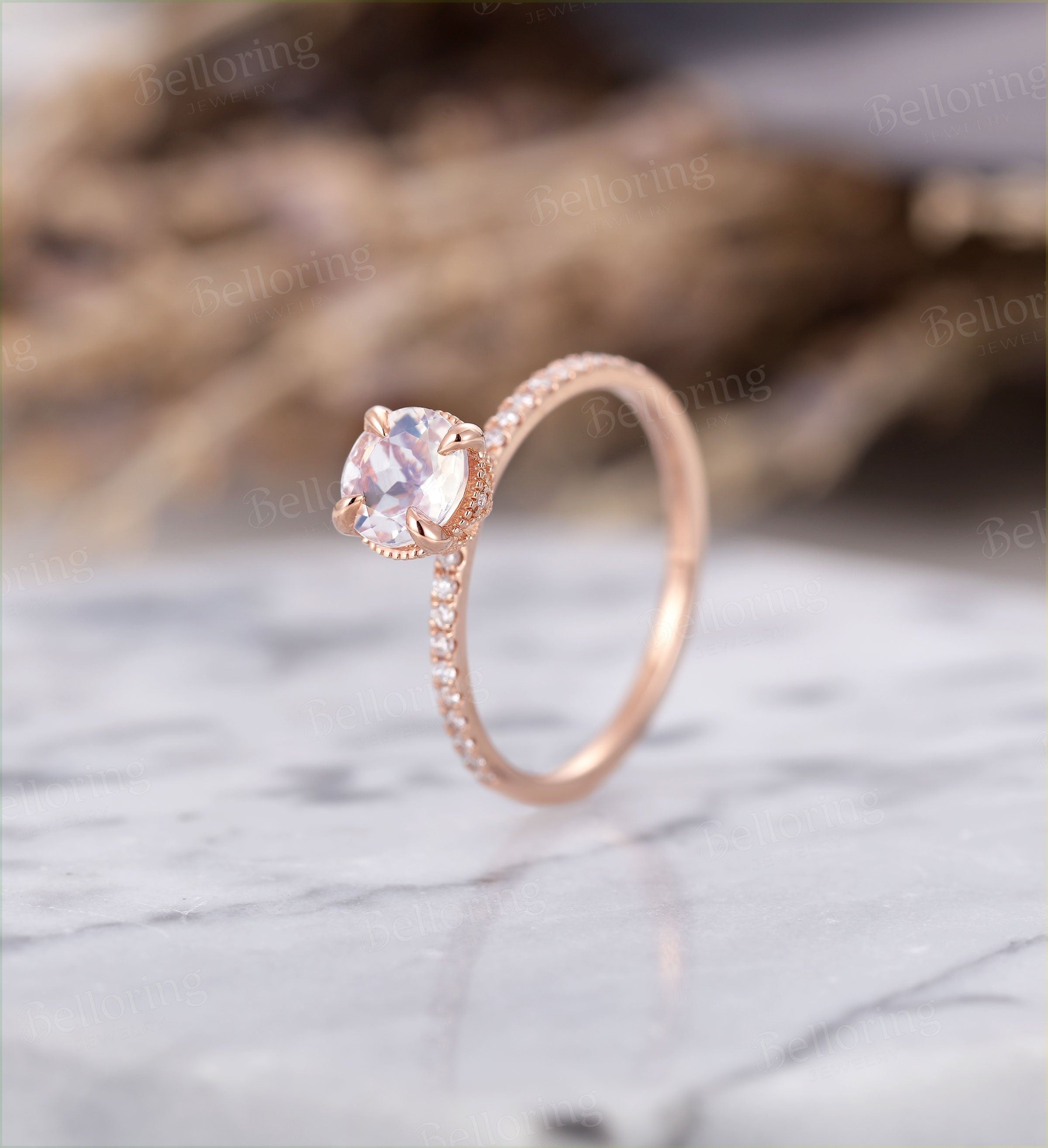 Moonstone engagement ring  vintage rose gold prong set diamond half eternity art deco Wedding Jewelry promise Anniversary wedding ring