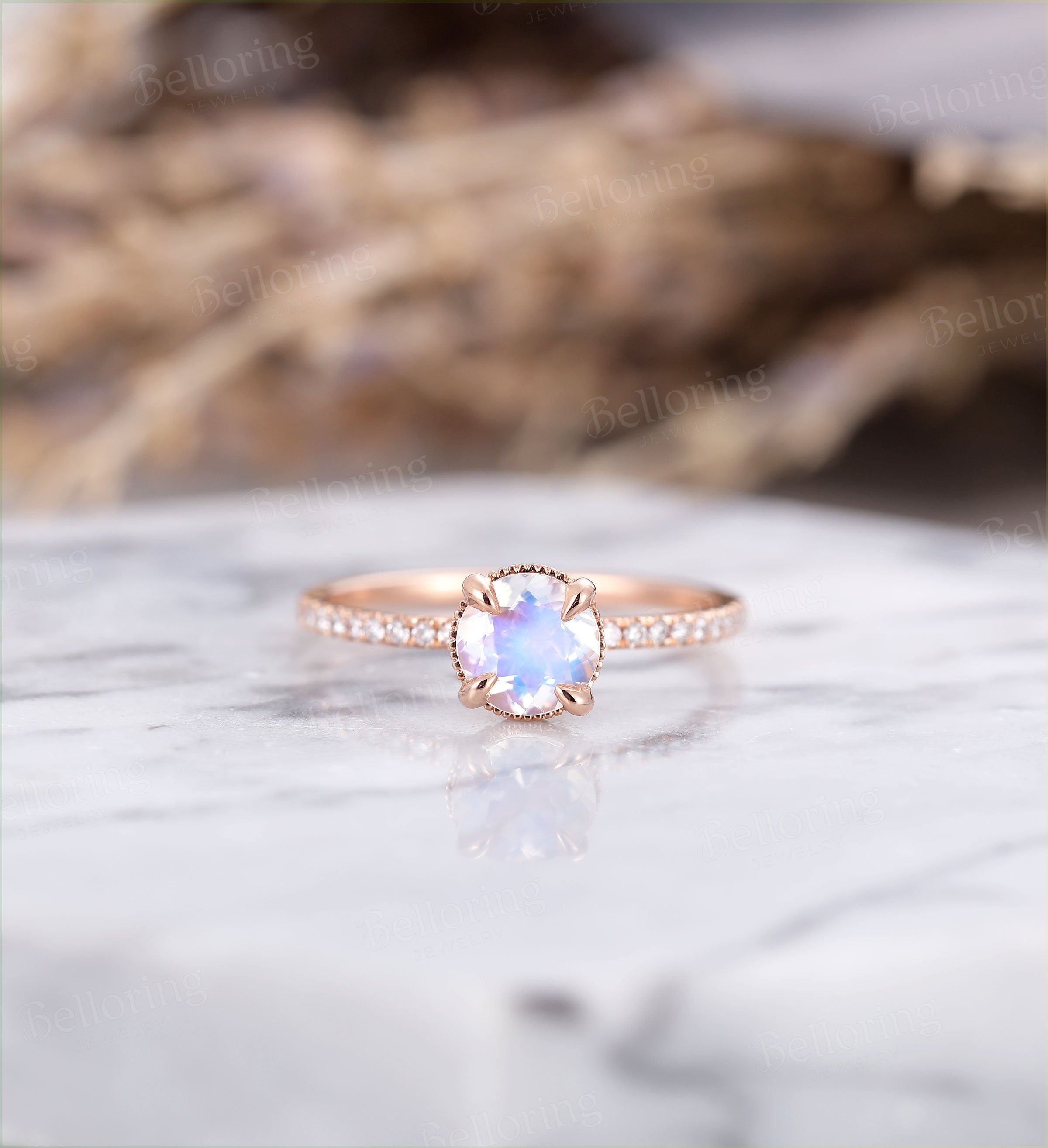 Moonstone engagement ring  vintage rose gold prong set diamond half eternity art deco Wedding Jewelry promise Anniversary wedding ring