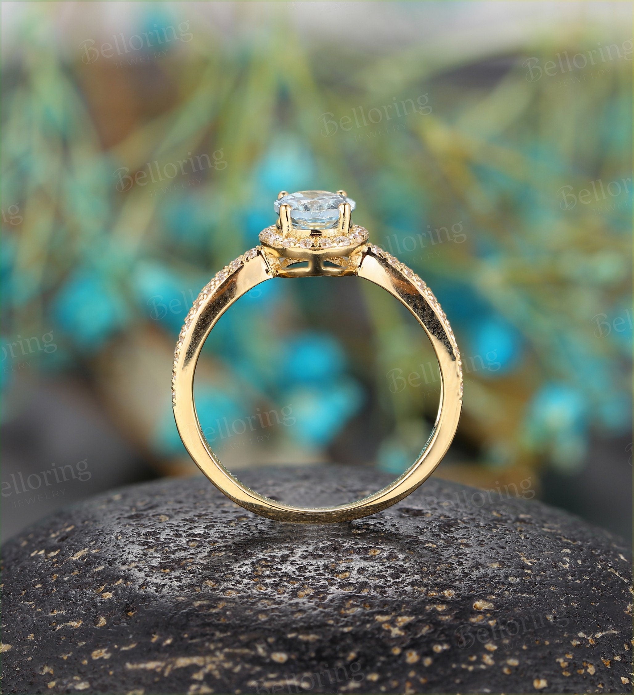 Aquamarine Engagement Ring  yellow Gold moissanite vintage oval cut Art Deco wedding ring  Promise Anniversary wedding ring