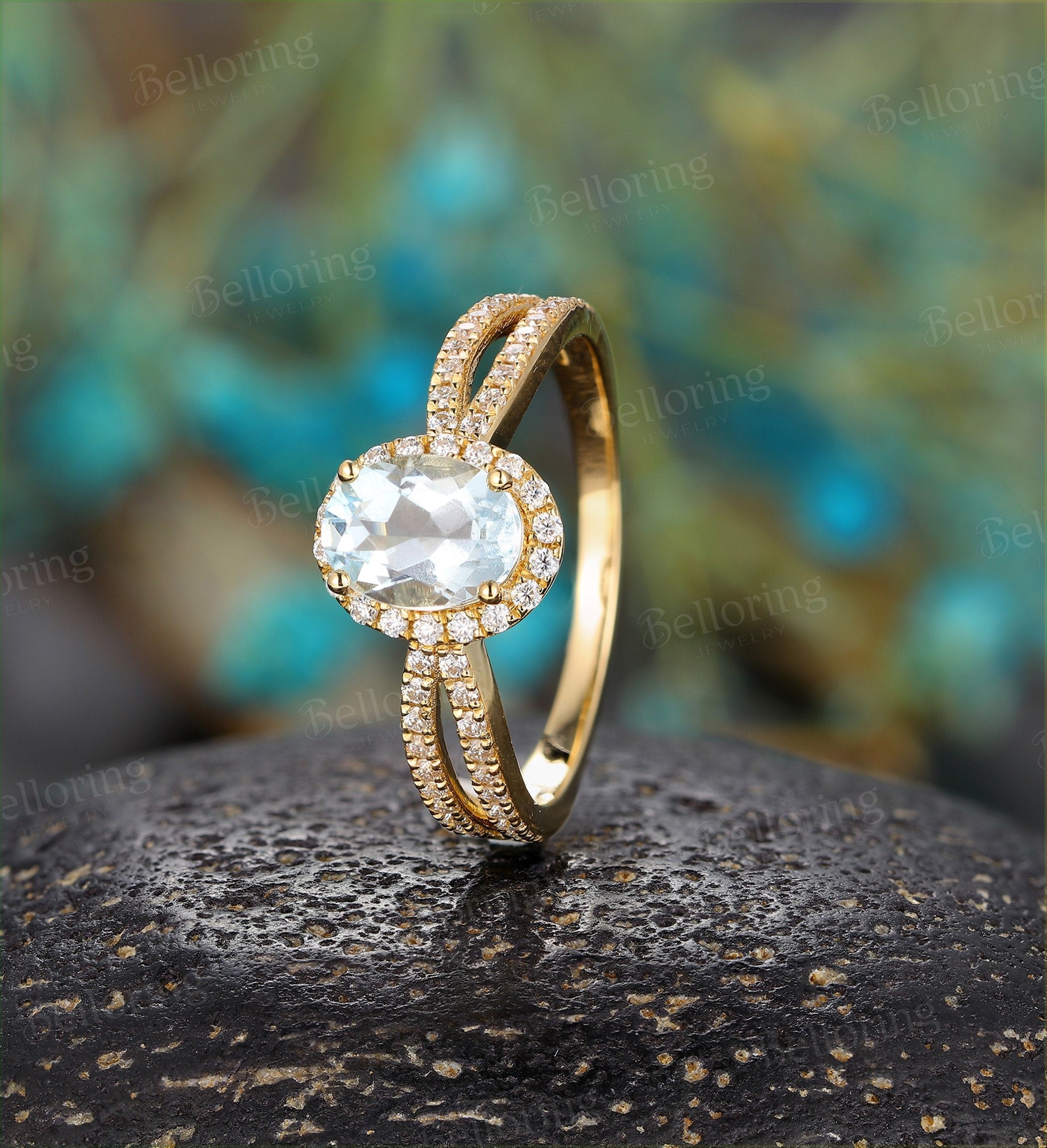 Aquamarine Engagement Ring  yellow Gold moissanite vintage oval cut Art Deco wedding ring  Promise Anniversary wedding ring