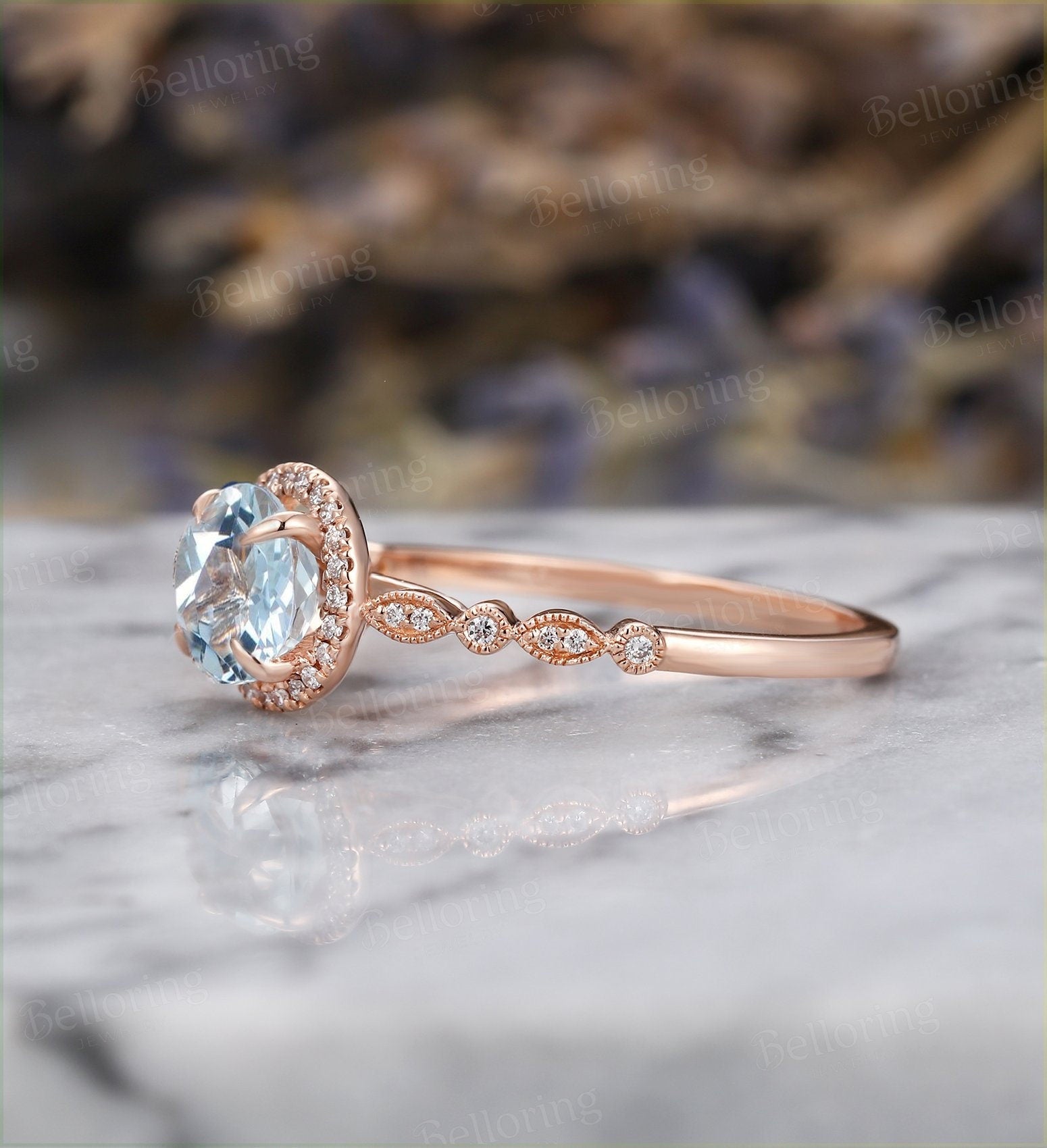 Aquamarine engagement ring vintage Rose gold round cut Antique diamond halo milgrain Wedding  Promise Anniversary wedding ring