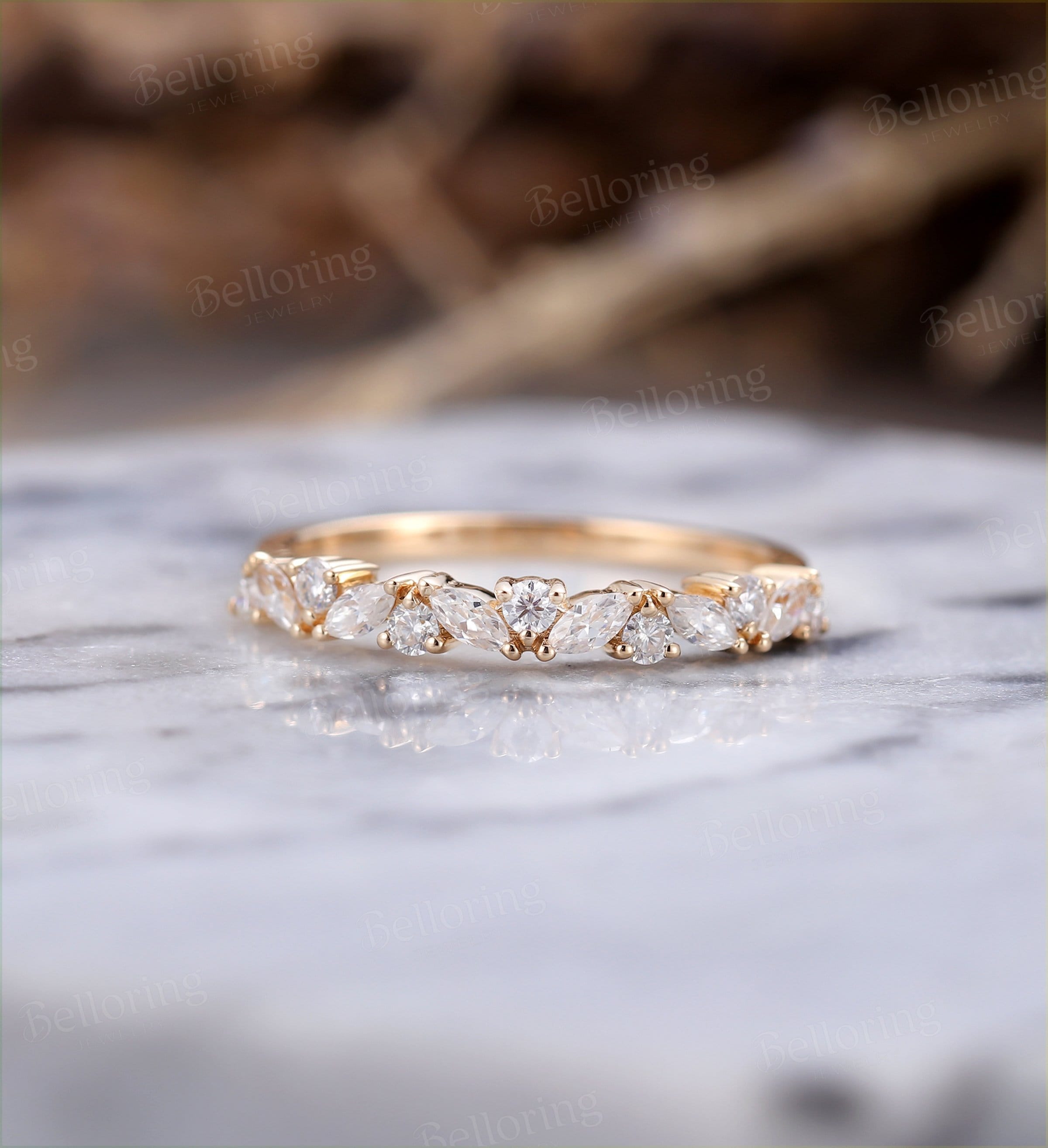 Marquise cut & round Moissanite wedding band vintage yellow gold  Half eternity antique unique bridal set Promise Matching band