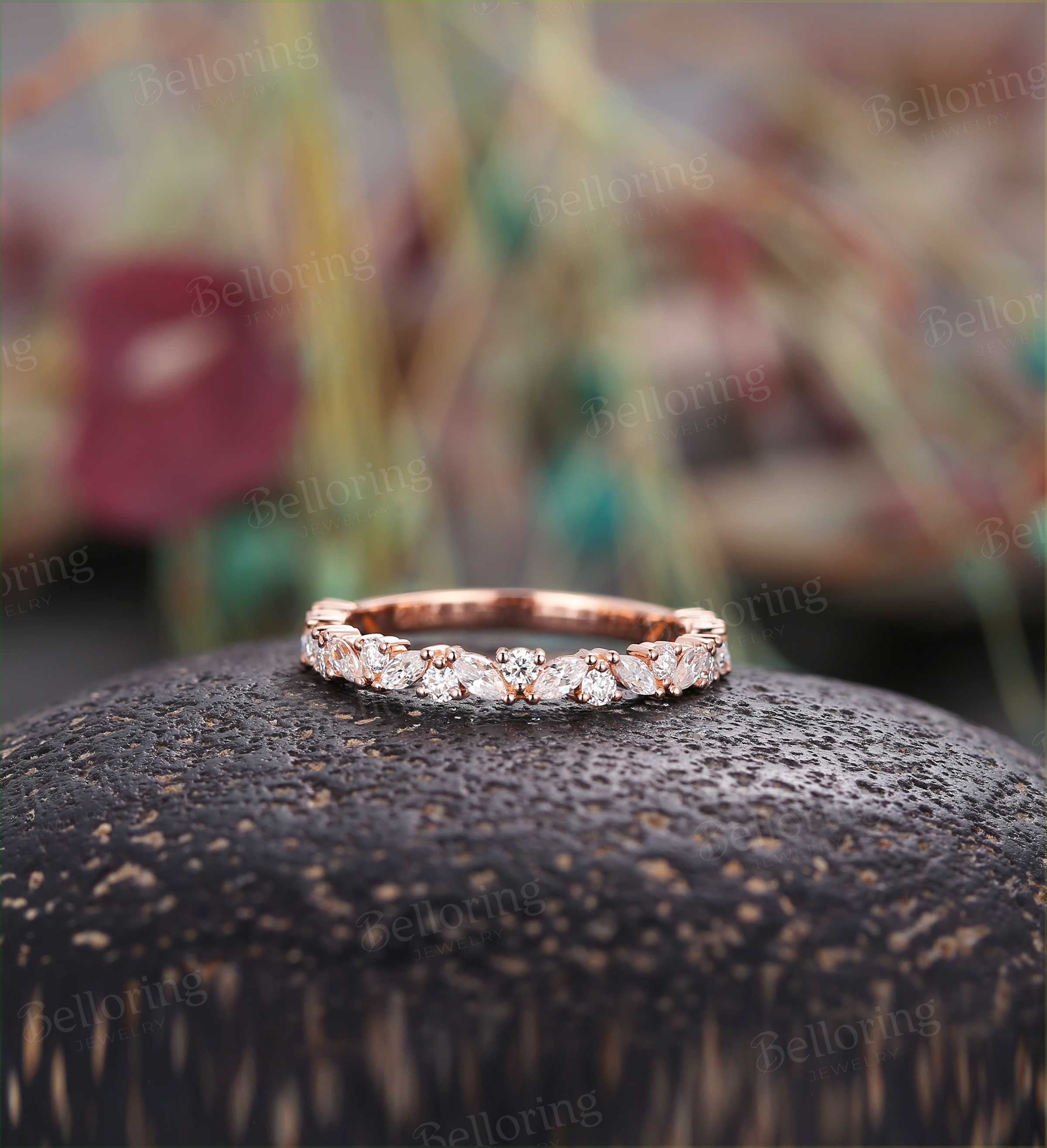 Marquise&Round cut Moissanite wedding band vintage yellow gold 3/4 eternity band antique unique promise Matching band anniversary ring