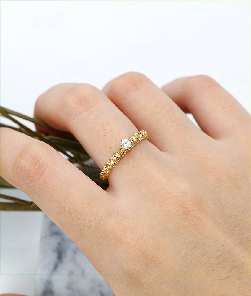 Alternative engagement ring vintage Moissanite 14k yellow gold Antique milgrain Prong set wedding  Unique Birthstone Jewelry gift