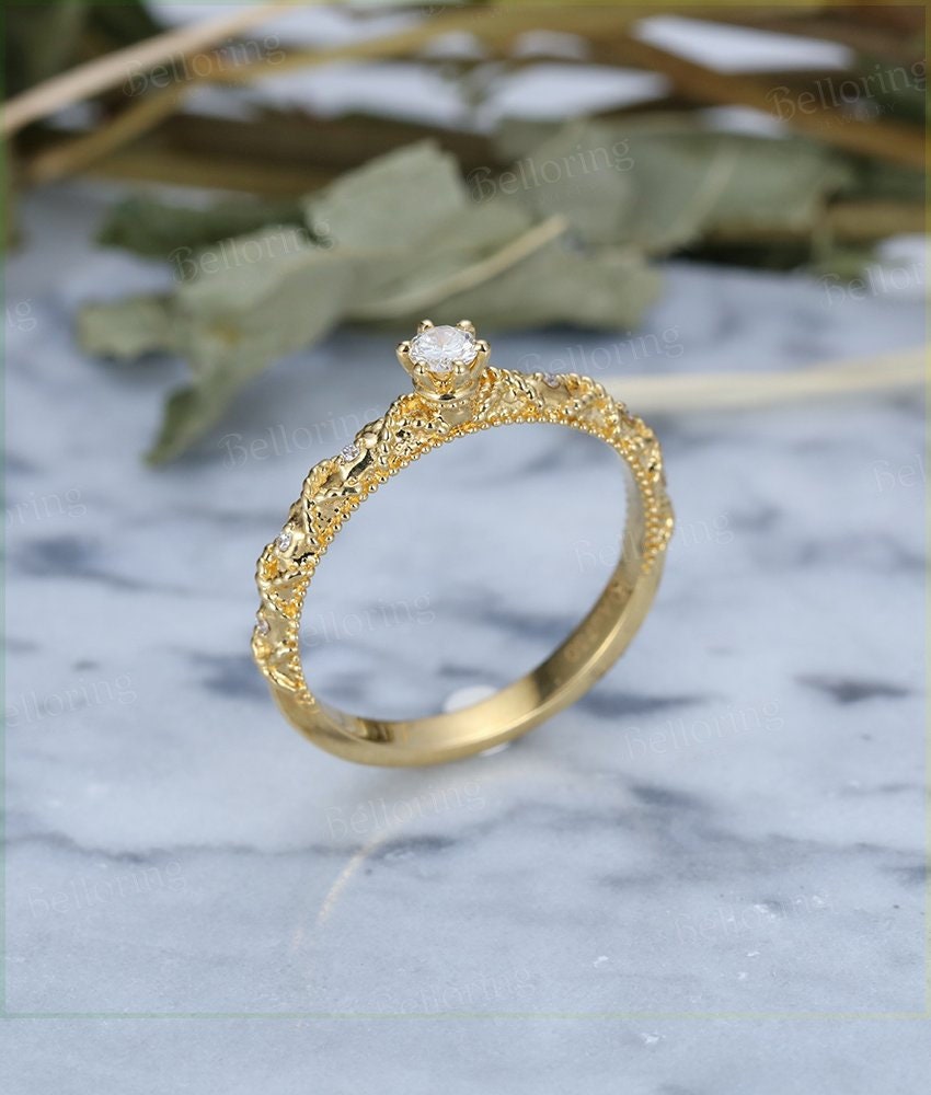 Alternative engagement ring vintage Moissanite 14k yellow gold Antique milgrain Prong set wedding  Unique Birthstone Jewelry gift