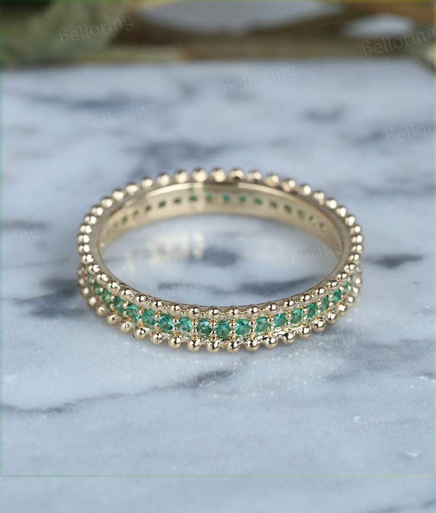 Emerald wedding band  14k yellow gold  Unique full eternity Antique Stacking ring milgrain Bridal Jewelry Anniversary Gift for her