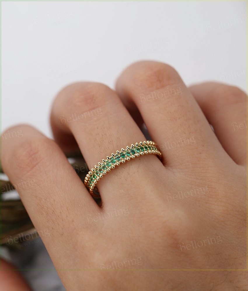 Emerald wedding band  14k yellow gold  Unique full eternity Antique Stacking ring milgrain Bridal Jewelry Anniversary Gift for her