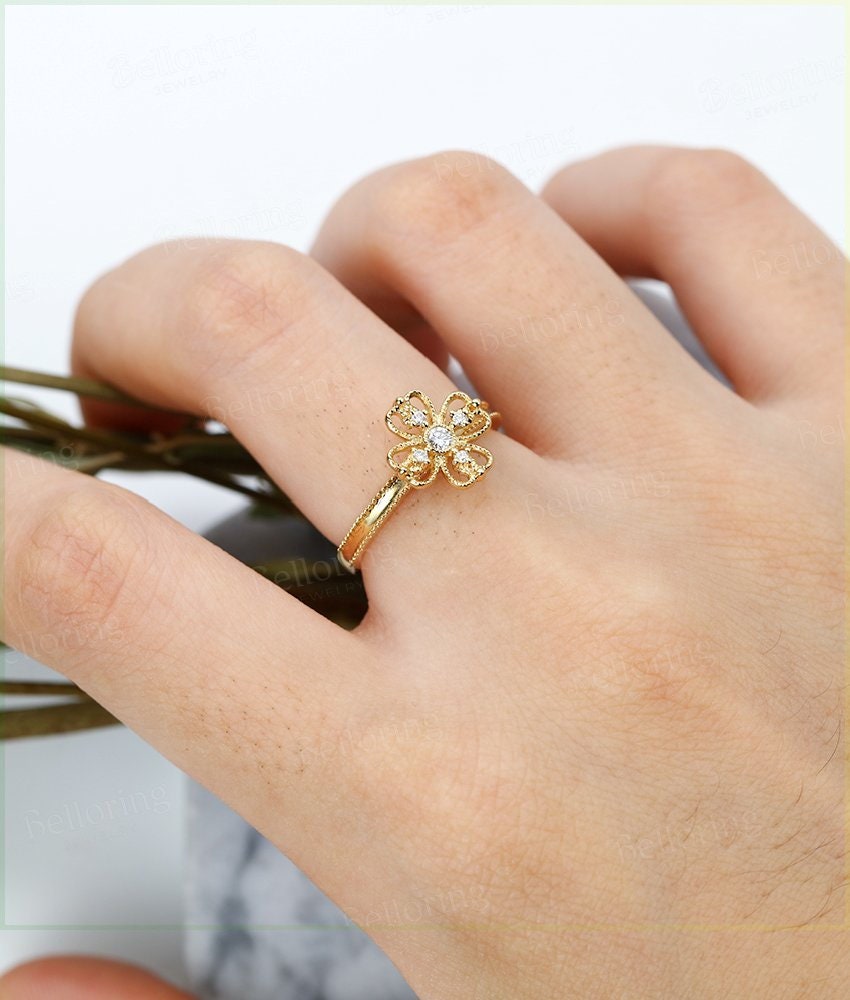 Alternative engagement ring vintage round cut  yellow gold Antique Halo diamond wedding  Unique bridal Birthstone Jewelry Anniversary