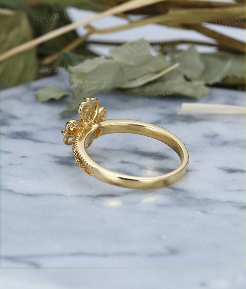 Alternative engagement ring vintage round cut  yellow gold Antique Halo diamond wedding  Unique bridal Birthstone Jewelry Anniversary