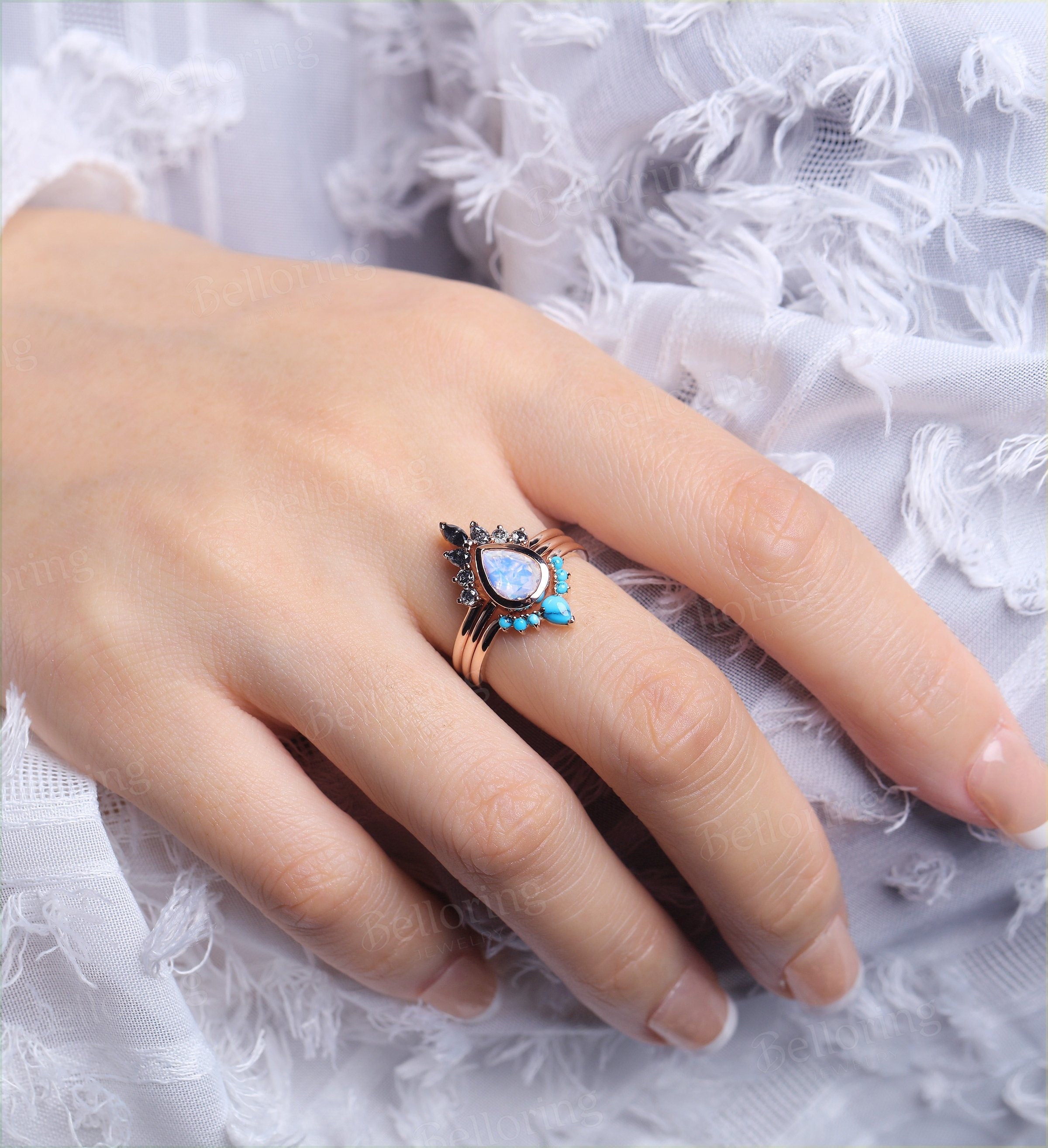 Moonstone engagement ring set  Rose gold pear cut vintage salt and pepper diamond and curved  turquoise Wedding band promise ring