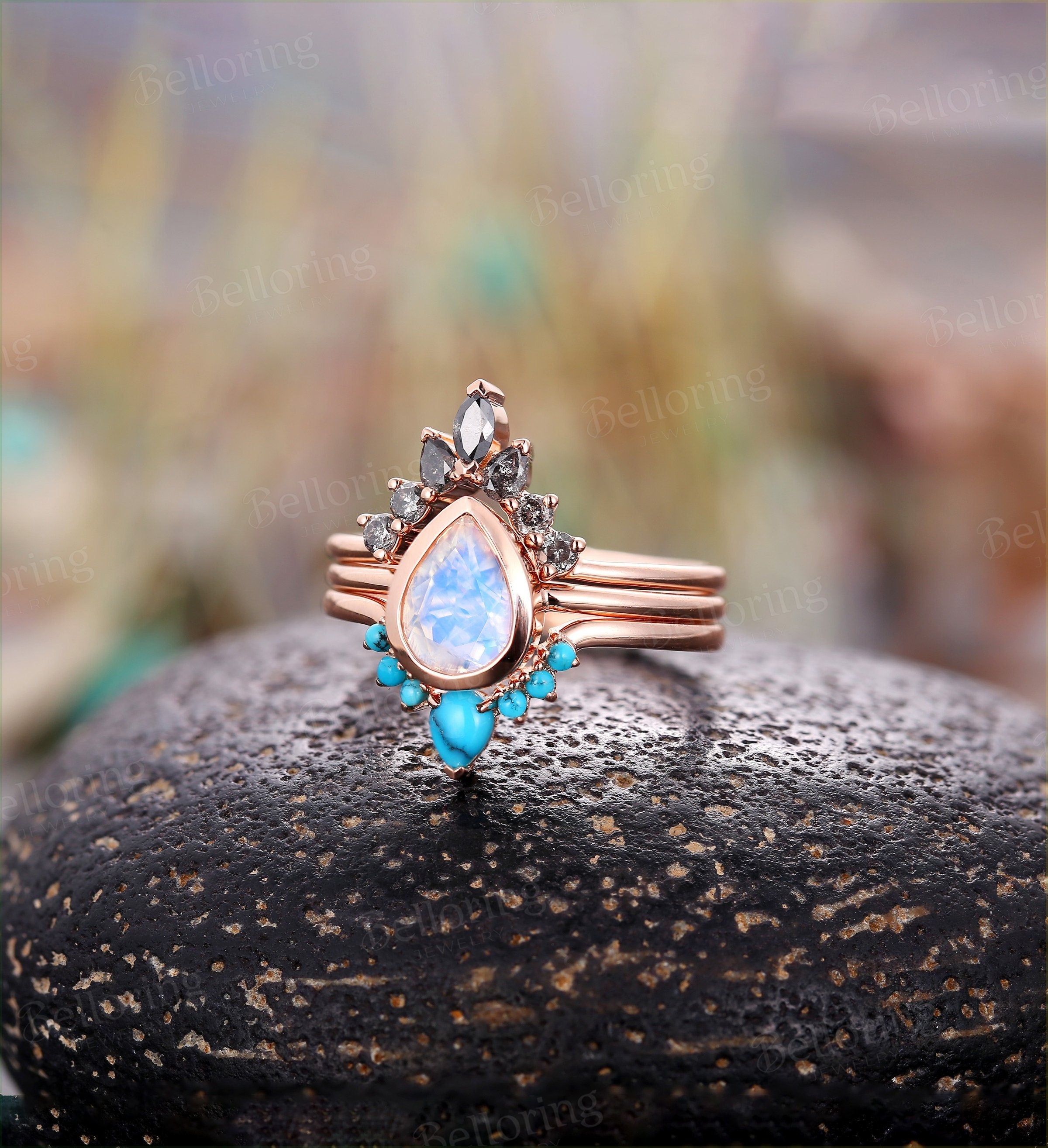 Moonstone engagement ring set  Rose gold pear cut vintage salt and pepper diamond and curved  turquoise Wedding band promise ring