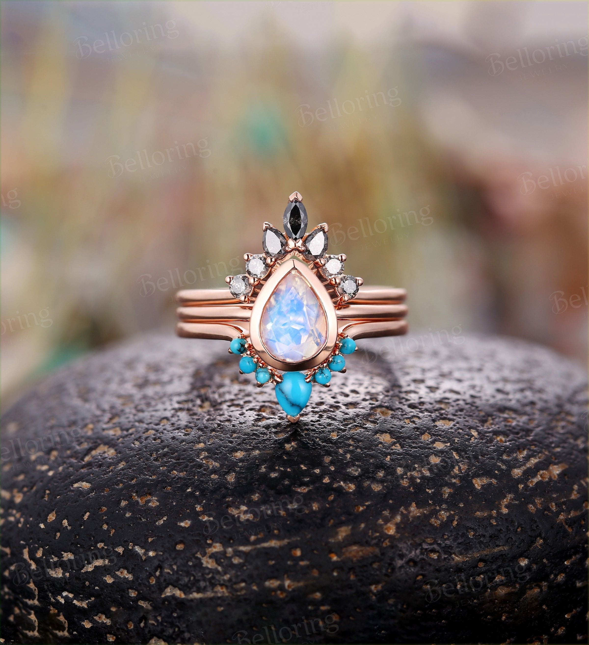 Moonstone engagement ring set  Rose gold pear cut vintage salt and pepper diamond and curved  turquoise Wedding band promise ring