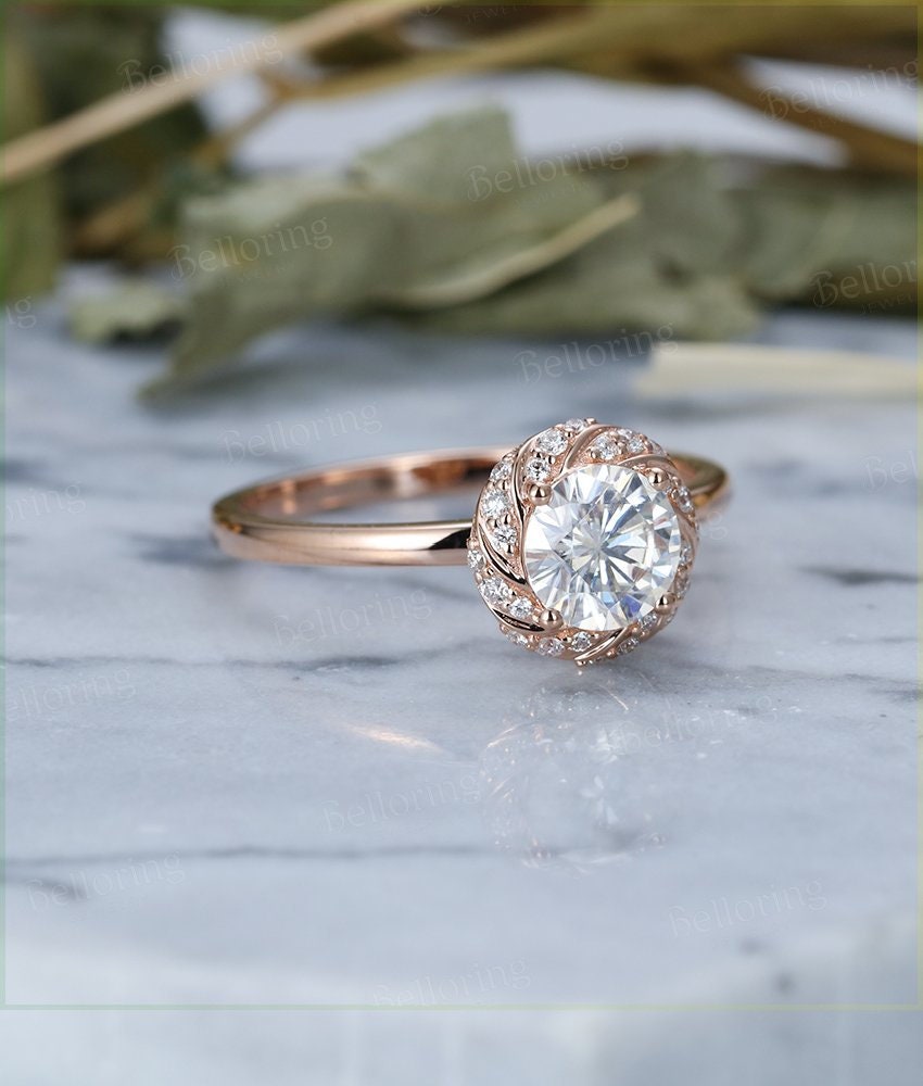 Moissanite Engagement Ring Rose Gold round Cut Vintage Halo Diamond Wedding  antique Half eternity Promise gift Bridal Jewelry  Anniversary