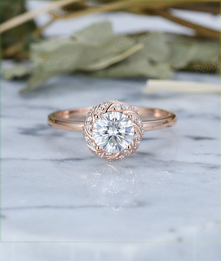 Moissanite Engagement Ring Rose Gold round Cut Vintage Halo Diamond Wedding  antique Half eternity Promise gift Bridal Jewelry  Anniversary